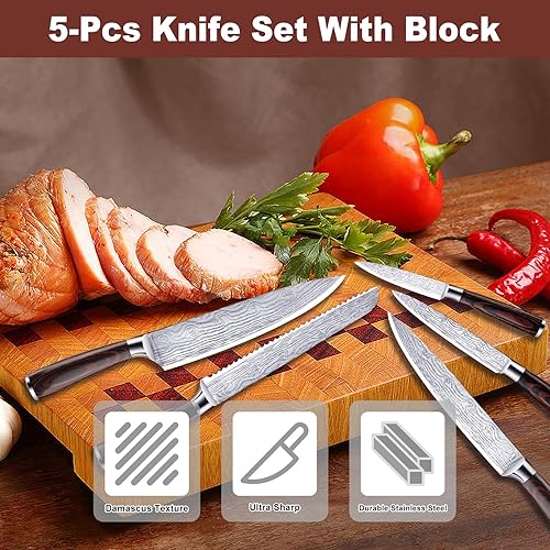 Miniatura 5 de Juego de cuchillos de cocina de 5 piezas con bloque  Juego de cuchillos de chef de hoja afilada de acero inoxidable de alto carbono con mango