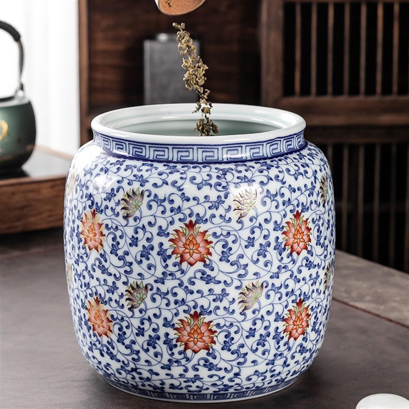 Caja de té Hogar grande caja de té esmaltado almacenamiento tarro de cerámica sellado almacén con tapa hermética Caja de té(B)