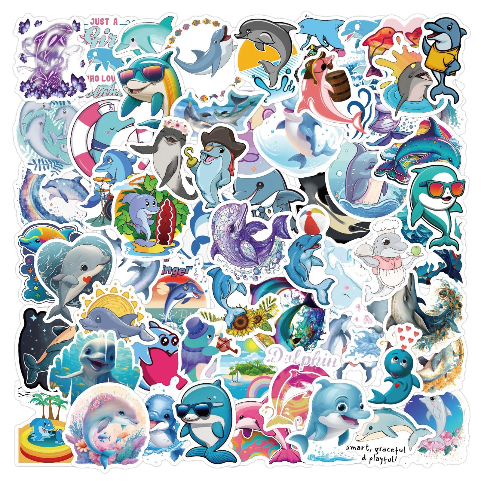 Cute Dolphin Stickers for Kids Teens Adults, 60Pcs Funny Dolphin Vinyl Laptops Decals, ZLWSD Cartoon Marine Animals Sticker for Decor Water Bottles
