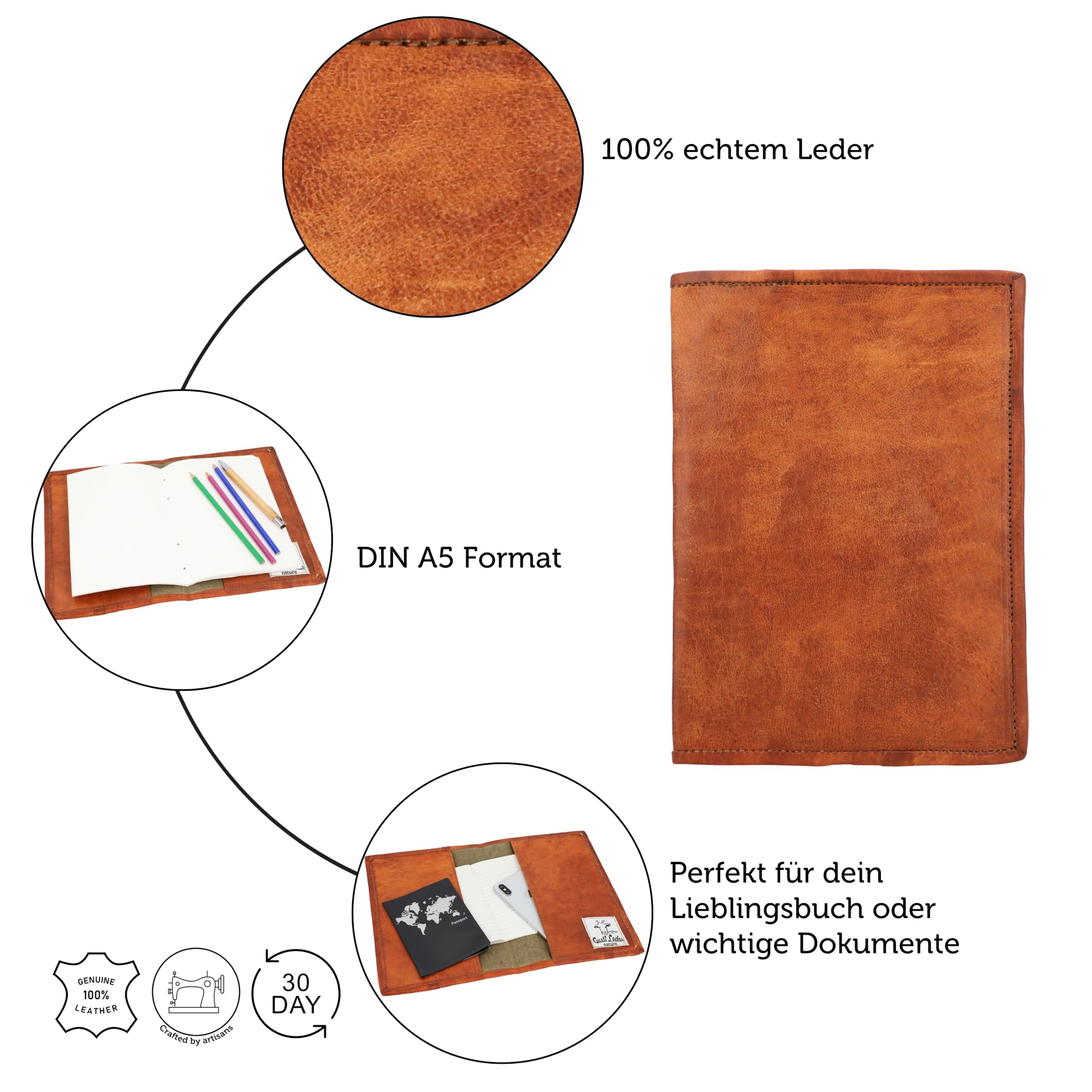 Gusti Leder Hülle Becky – Buchumschlag & Dokumentenmappe A5 / U-Heft Hülle aus echtem Leder für Damen & Herren – Perfekt für Notizbuch A5, Field Notes & Travel – Braun