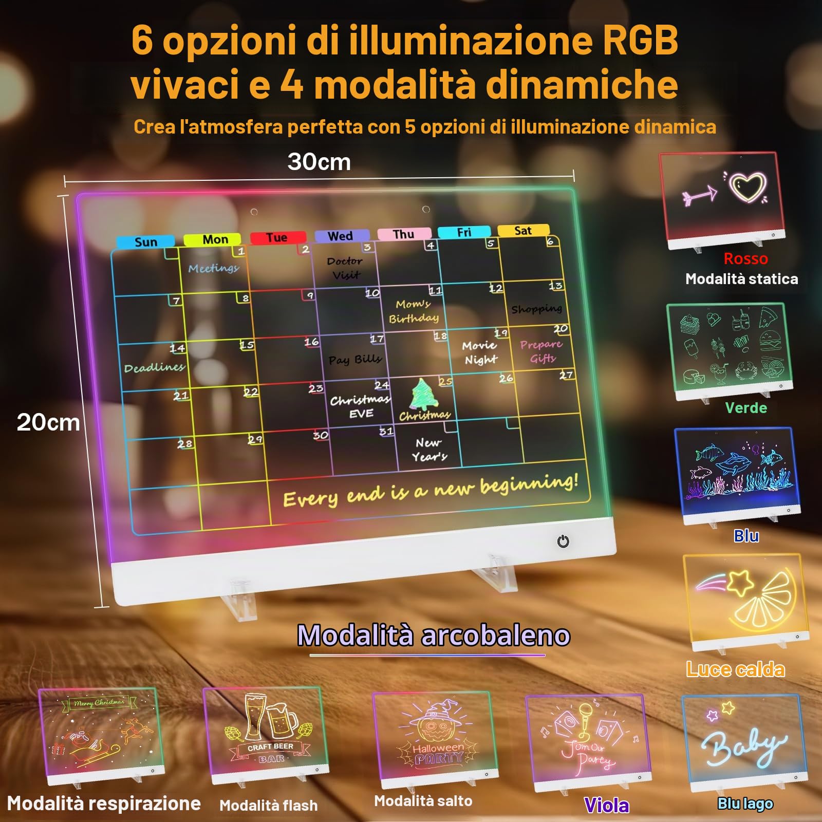 Lavagnetta in Acrilico con Luci a LED, 30x20cm Lavagna Luminosa per Disegnare, 5 modalità e 6 Colori Tavoletta Grafica, Lavagna Led, Lavagnetta in Acrilico con Luci LED per Ufficio Scuola Casa Caffè