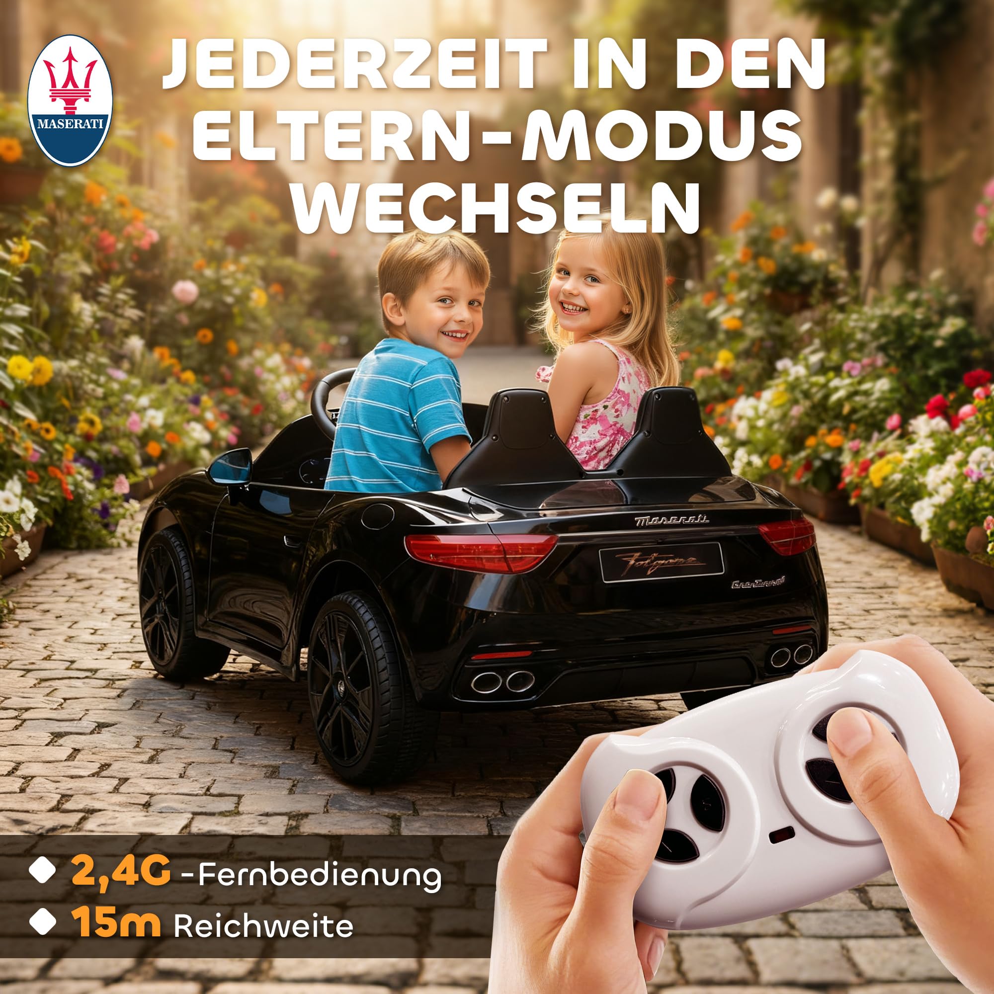 AIYAPLAY Kinder Elektroauto Maserati 12V 2-Sitzer Kinderauto Schwarz | 2,4 GHz Fernbedienung, 2 Motor, Elektrofahrzeug mit Federung, Musik, USB, Hupe, LED-Leuchten, für 3-8 Jahre, 3-8 km/h
