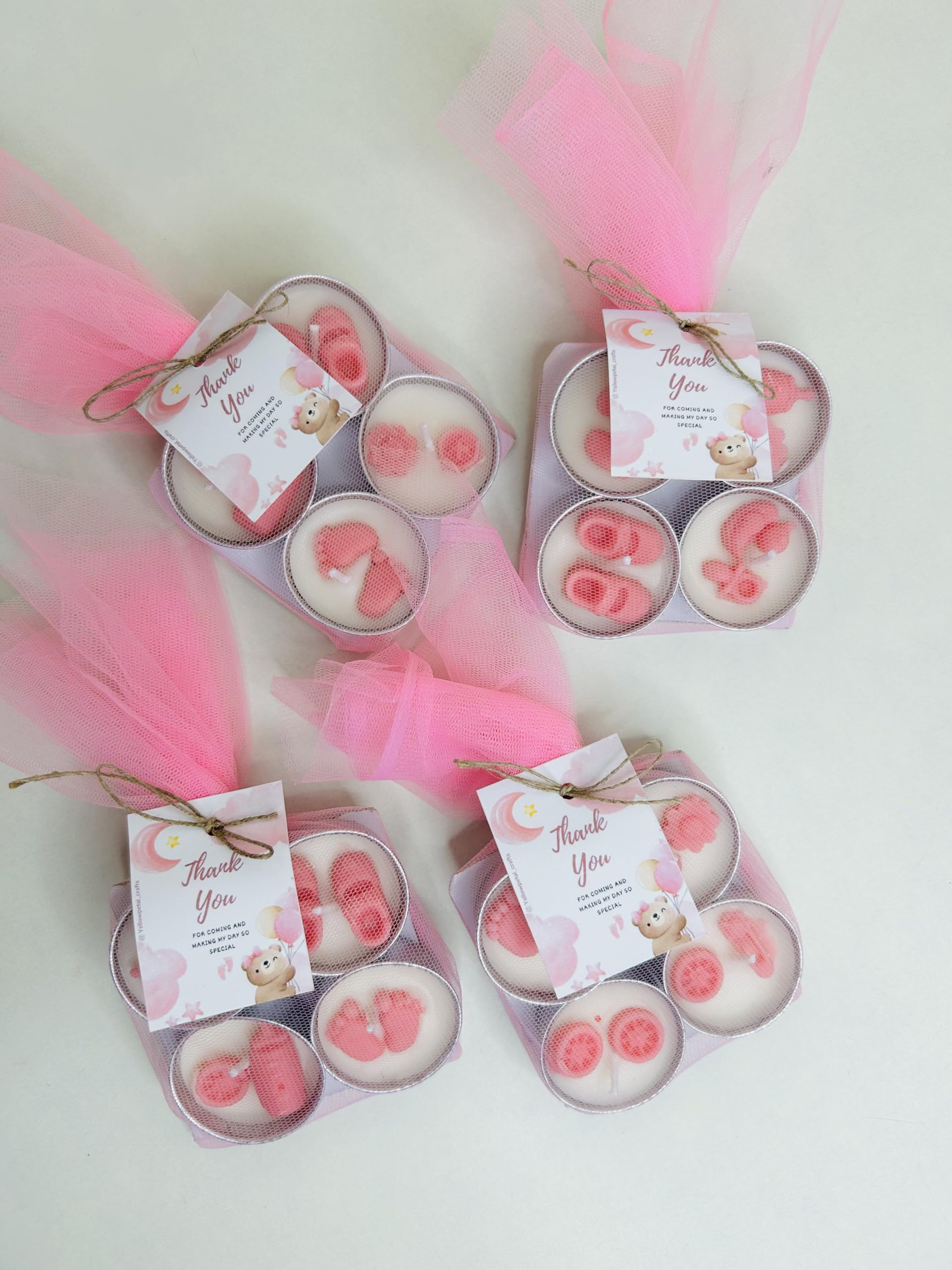 Yellow Petal- Baby Girl Birthday Tealight Candles Gift Set, Pack of 4, Vanilla Scented, Pink Tealight Packed in Pink net with a Thank You Tag (8 Set)-image-27