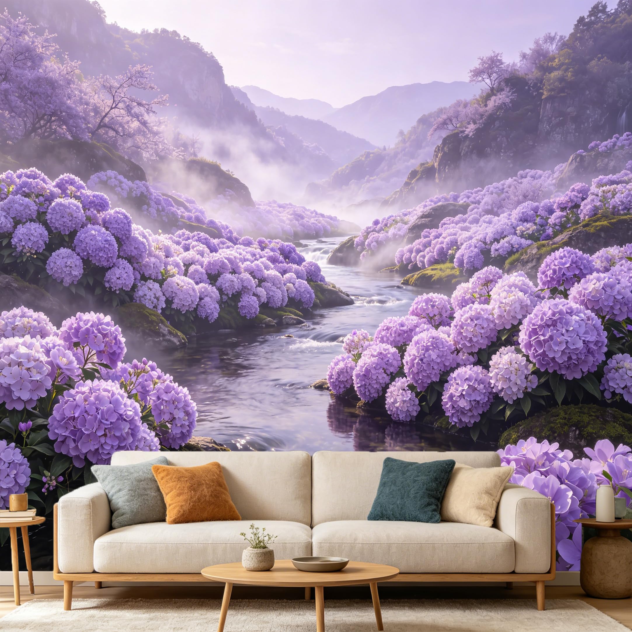 Custom Size Wall Mural Purple Hydrangea Flower Stream Landscape Misty Mountain River Botanical Nature Scenery SelfAdhesive Art Prints wall Fabric Removable Wallpaper Home Bedroom Decor