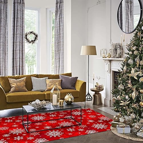 Miniatura 3 de HONGXIU Alfombras rojas de Navidad, 6 x 8 pies, árbol de Navidad y logotipo de copo de nieve, alfombras de área de Navidad para sala de estar,