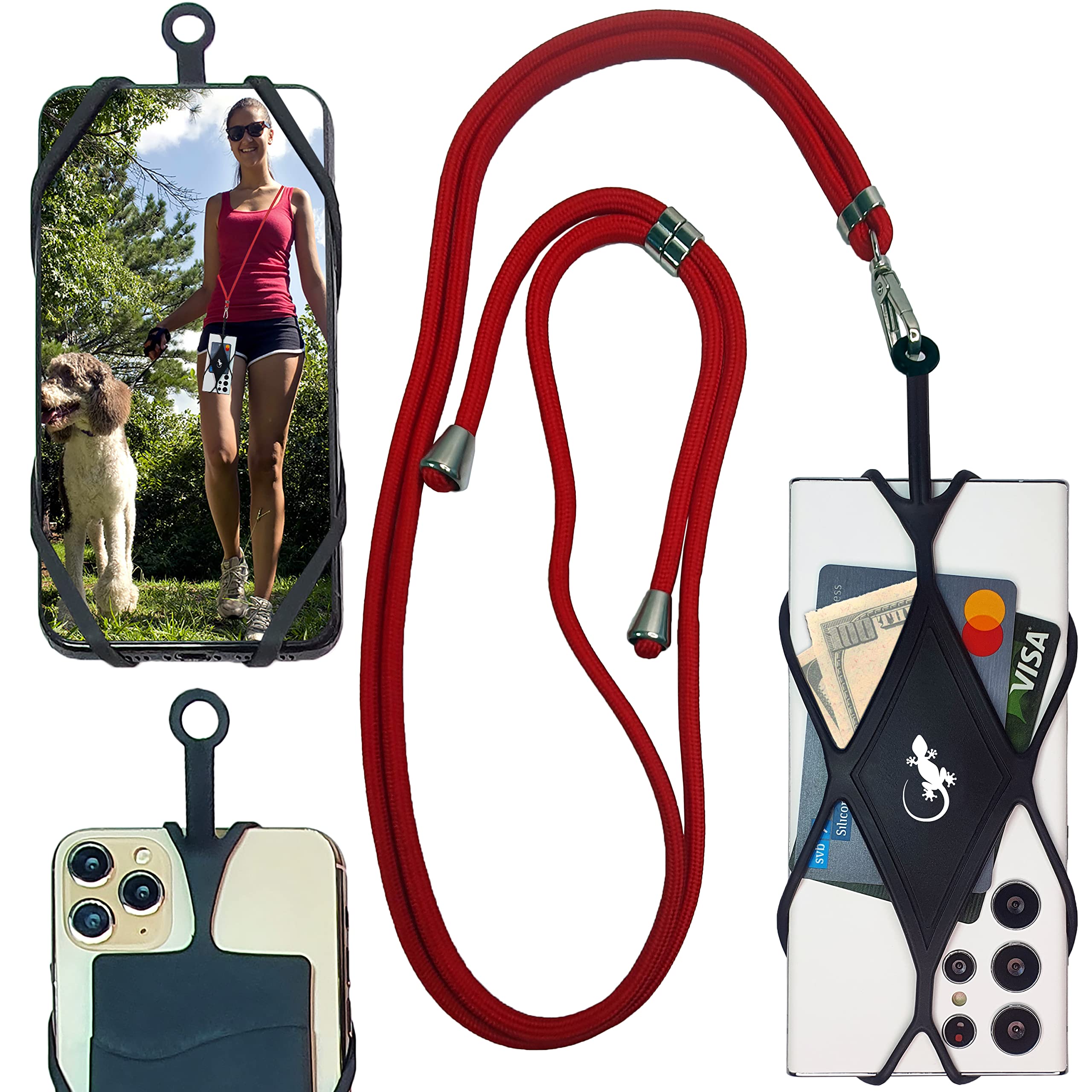 Gecko Travel TechUniversal Crossbody Phone Lanyard by - Phone Holder for Neck Compatible with iPhone Crossbody Case with Strap (Cherry XL Neck - Black Diamond)