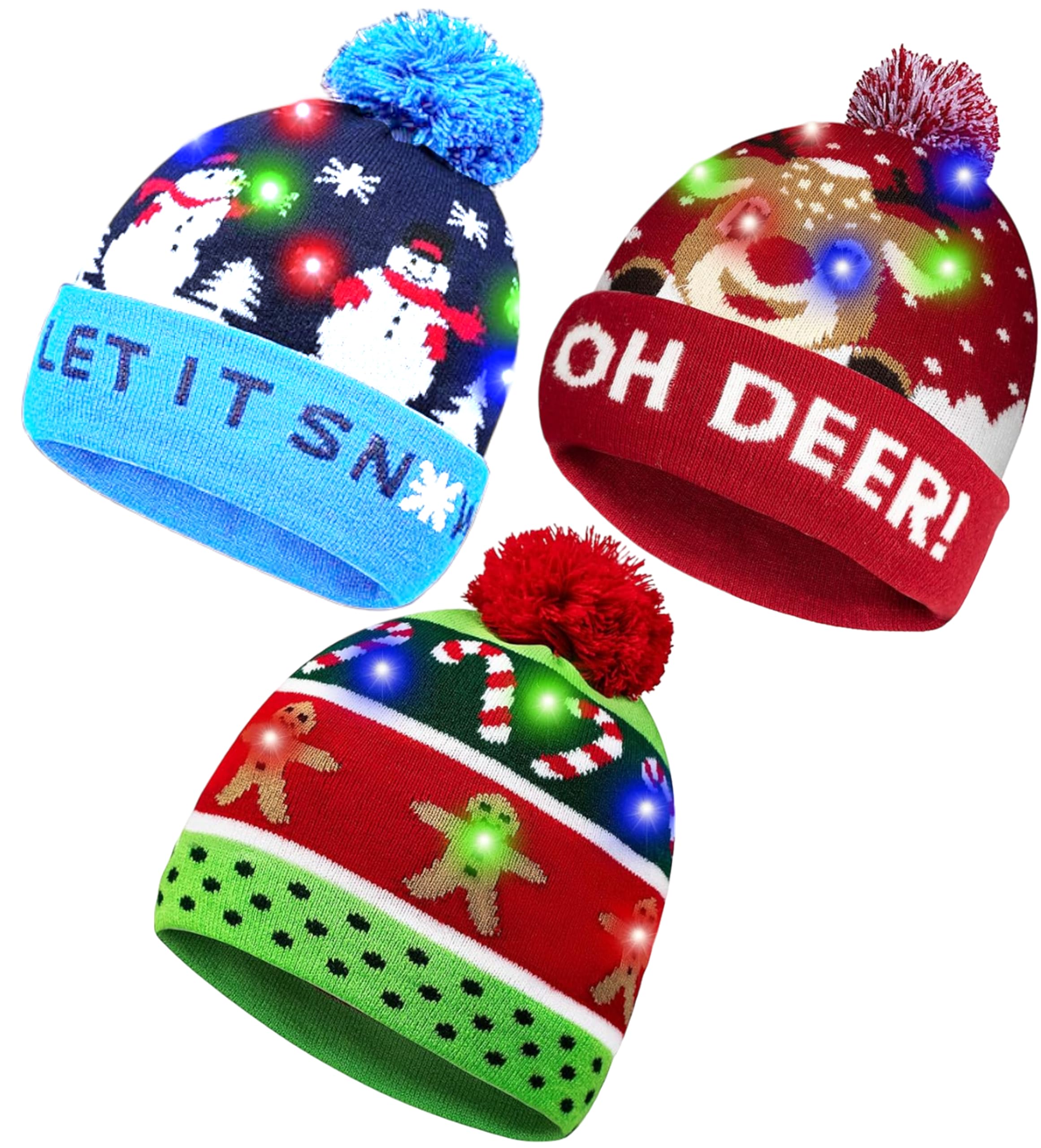 Topzilly 3 Pack Christmas Beanie Hat with Lights Cozy LED Christmas Bobble Kids & Adults Hat Stylish Elf Hats, Baby Xmas Hat Winter Holiday Parties (Let it Snow + Gingerbread Man + Oh Deer!) โ image 1