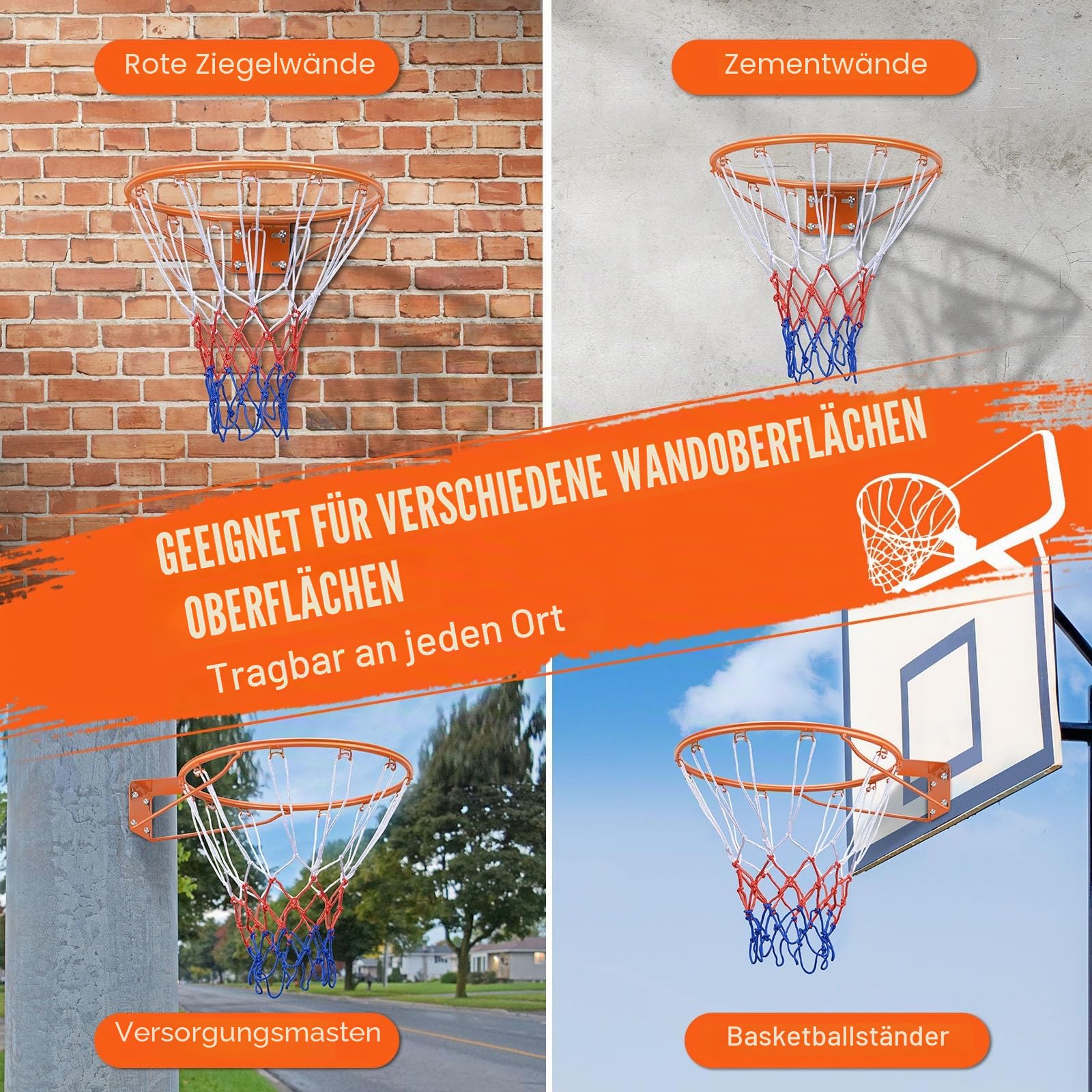 VEVOR Basketball-Felge, wandmontierter Basketballkorb, strapazierfähig, Q235, Basketballkorb, Flex-Rand, Ersatz mit Netz, Standard 45,7 cm, für drinnen und draußen, hängender Basketballkorb für Kinder