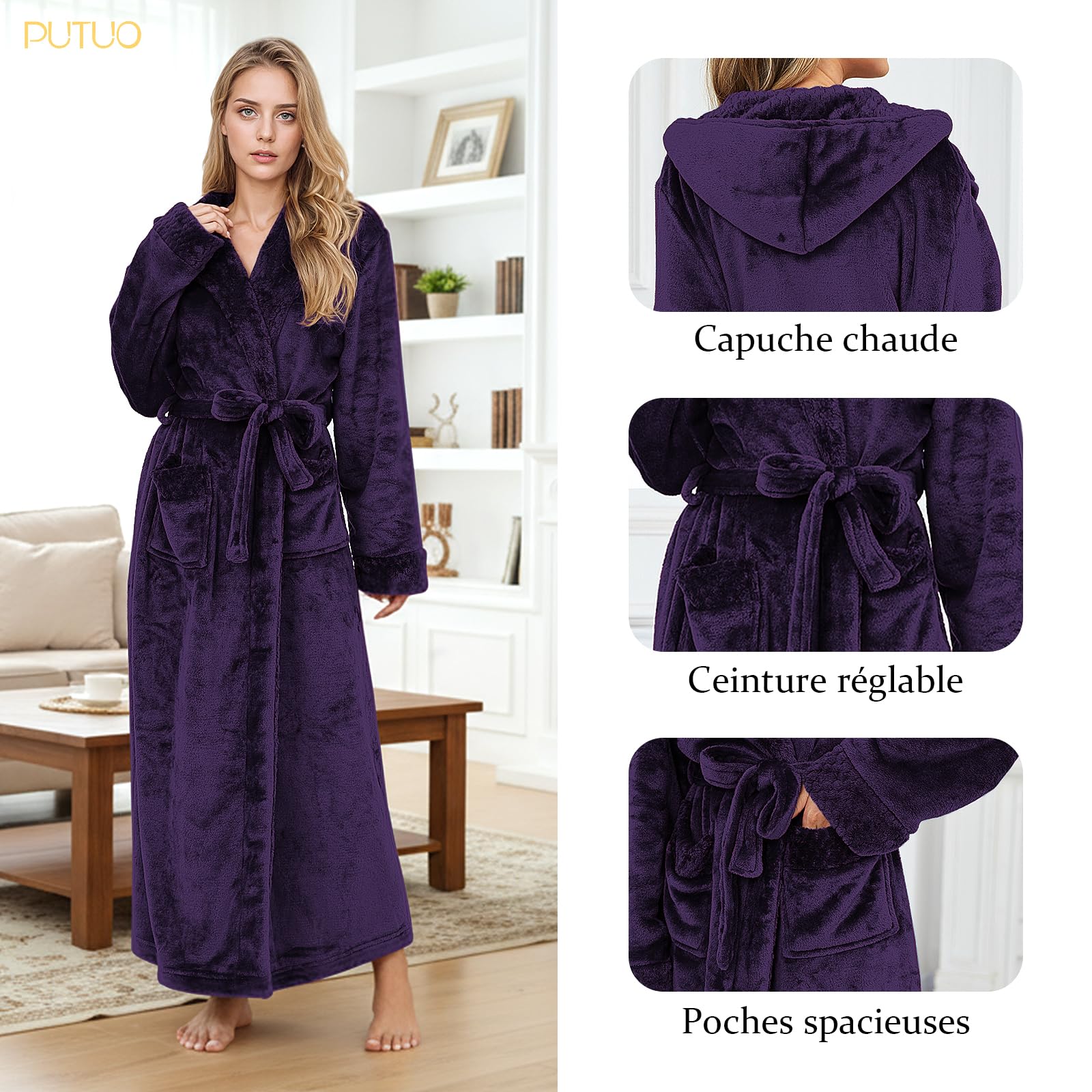 PUTUO Robe de Chambre Femme Polaire: Peignoir de Bain Femme Longue Hiver Chaud Peignoir avec Capuche