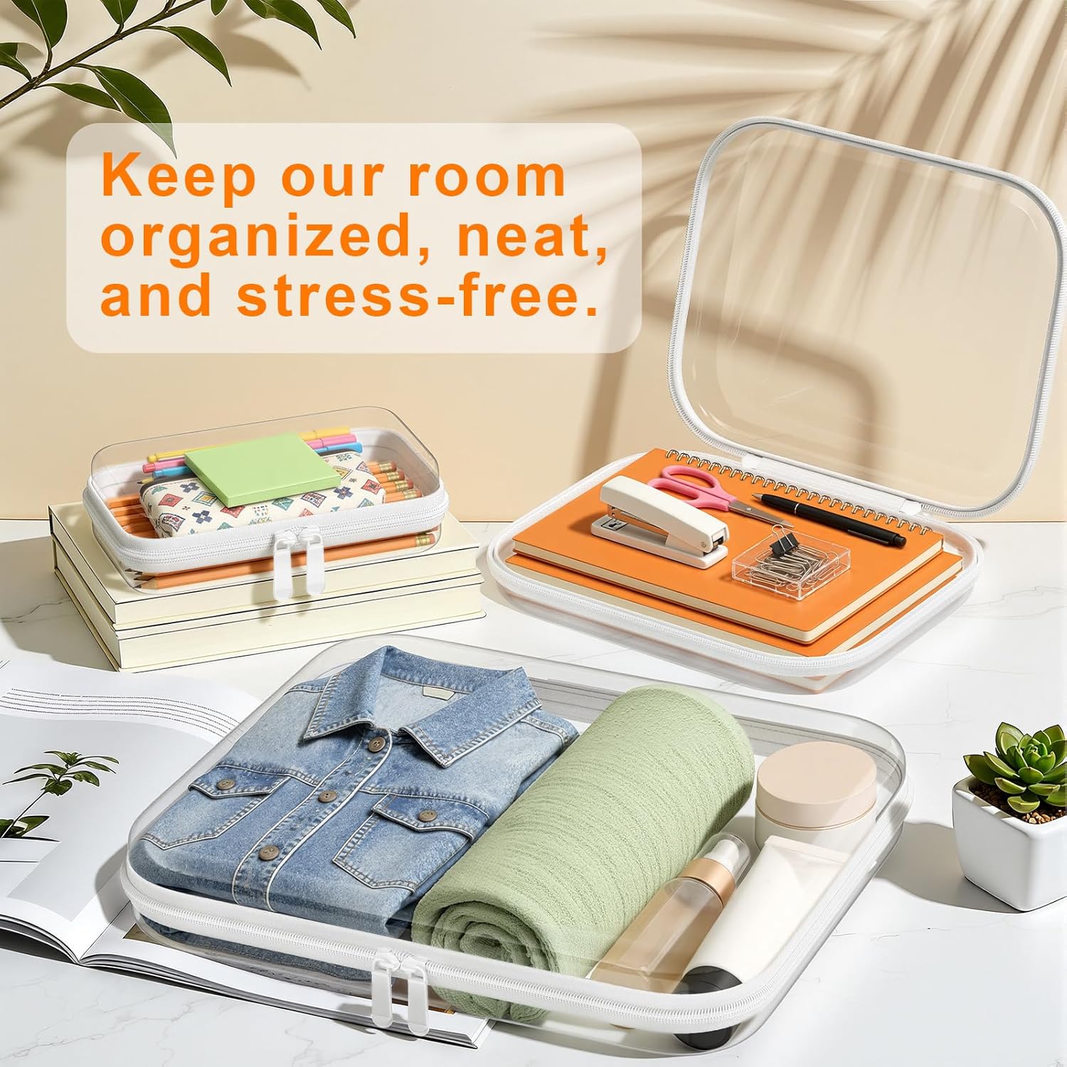 3PCS Clear Hard Shell Zipper Case,Toy Organizers and Storage Box,Clear Toiletry Cosmetic Case,Travel Makeup Bags, Diaper Bag Organizer,Pencil Case,Stackable Portable Transparent Zipper Pouches White-M - Image 7