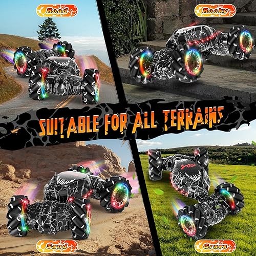 Miniatura 6 de Auto de acrobacias a control remoto, detección de gestos LED de 2.4 GHz, rotación de doble cara 4WD con luces y música, automóvil de deriva de