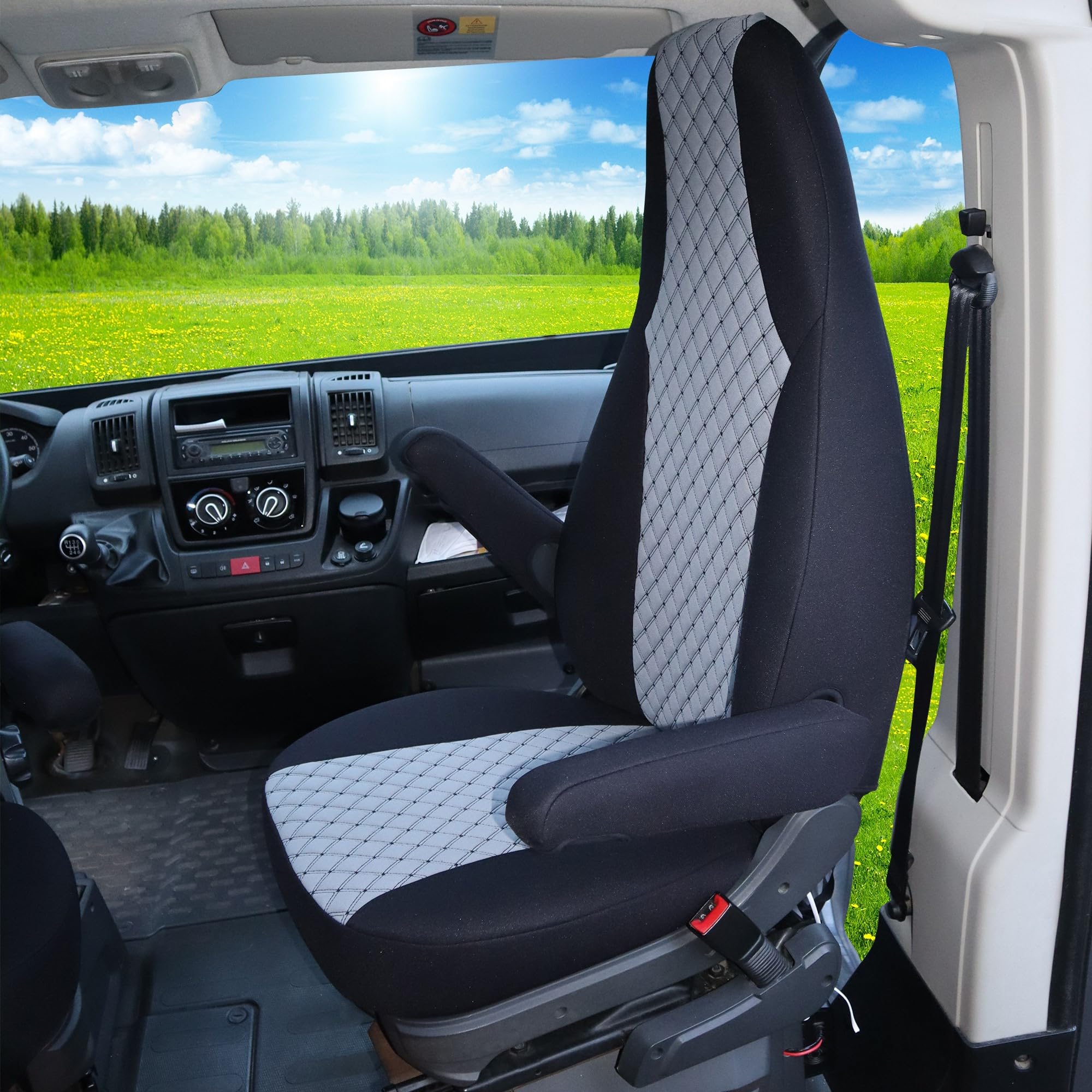 BREMER SITZBEZÜGE Maß Piloten Schonbezüge Sitzbezüge kompatibel mit Wohnmobil Camper Hymer Ducato Wohnmobil Zubehör | 2er Schonbezug Set inkl. Armlehnen-Bezüge in Schwarz/Grau | WMS701