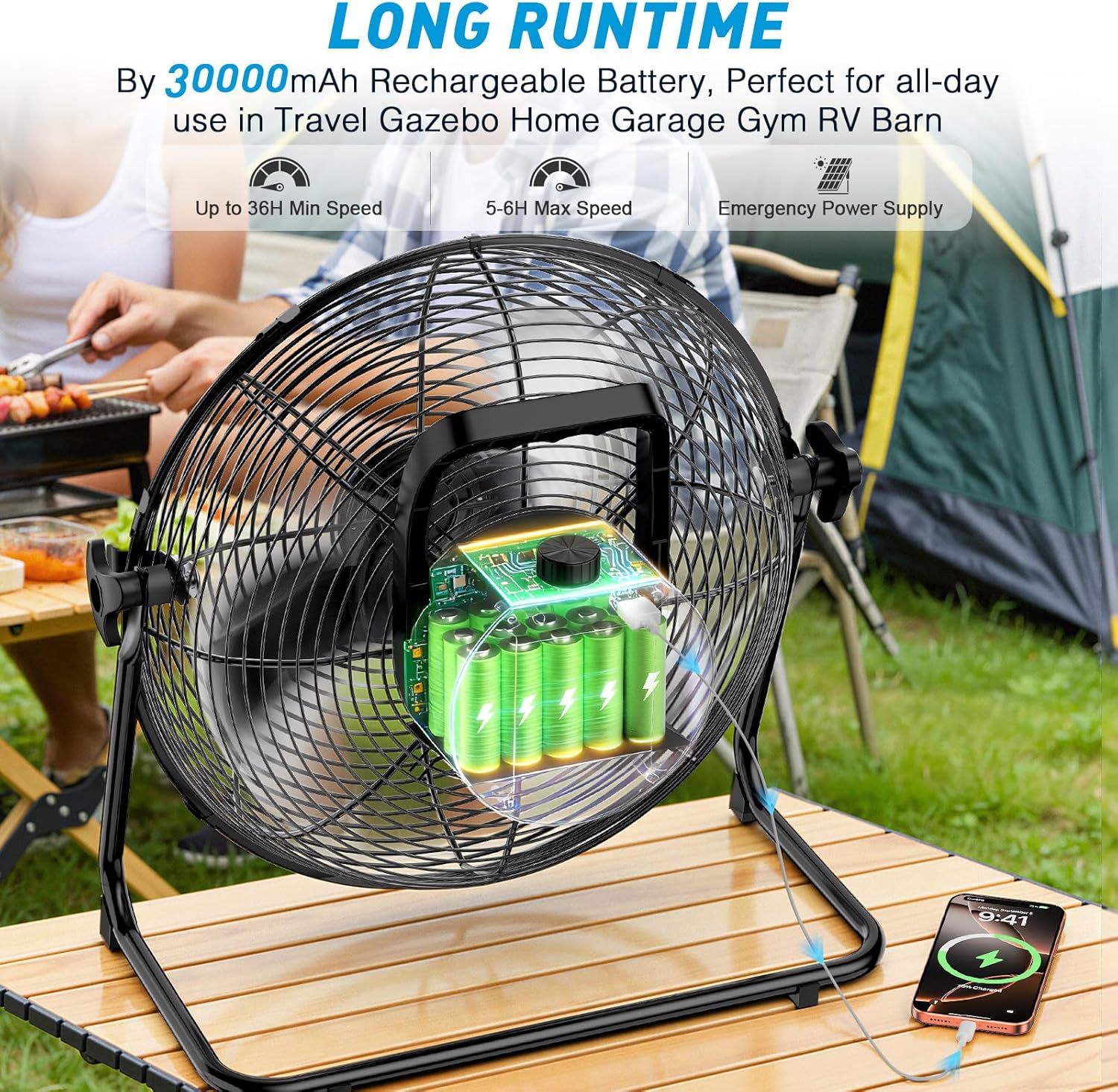 18" Solar Powered Fan for Outdoor - 26400mAh Rechargeable Battery Operated Outdoor Floor Fans with 40W Solar Panel for Gazebo Camping Home Patio (Black)