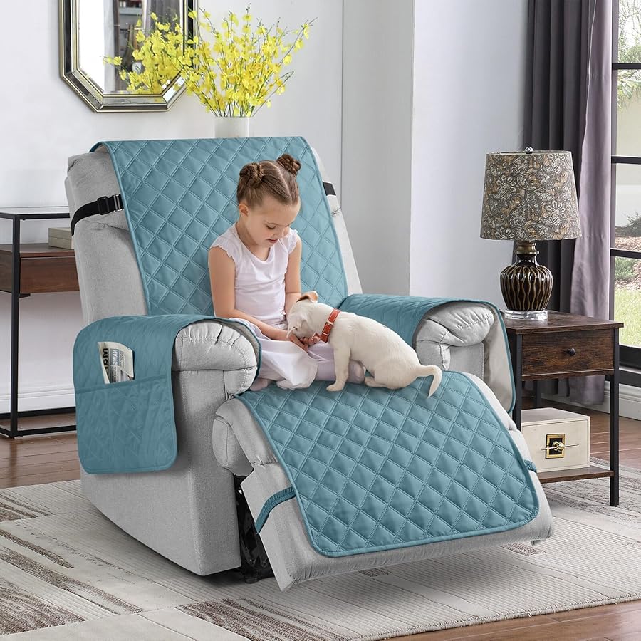 TAOCOCO 100% Waterproof Recliner Chair Covers, Reversible Recliner Covers with Leg Straps, Washable Recliner Sofa Covers for Reclining Chair Furniture Dog Protector with Pocket (Sky Blue, 23.6'') - image 6
