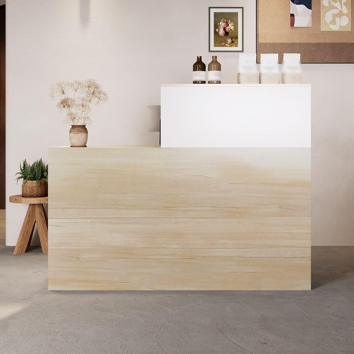Timechee Modern Reception Desk with Lockable Drawer, Small Business Front Desk with Storage Cabinet and Open Shelves, Office Retail Checkout Counter Table for Stores, Salons (Natural & White)