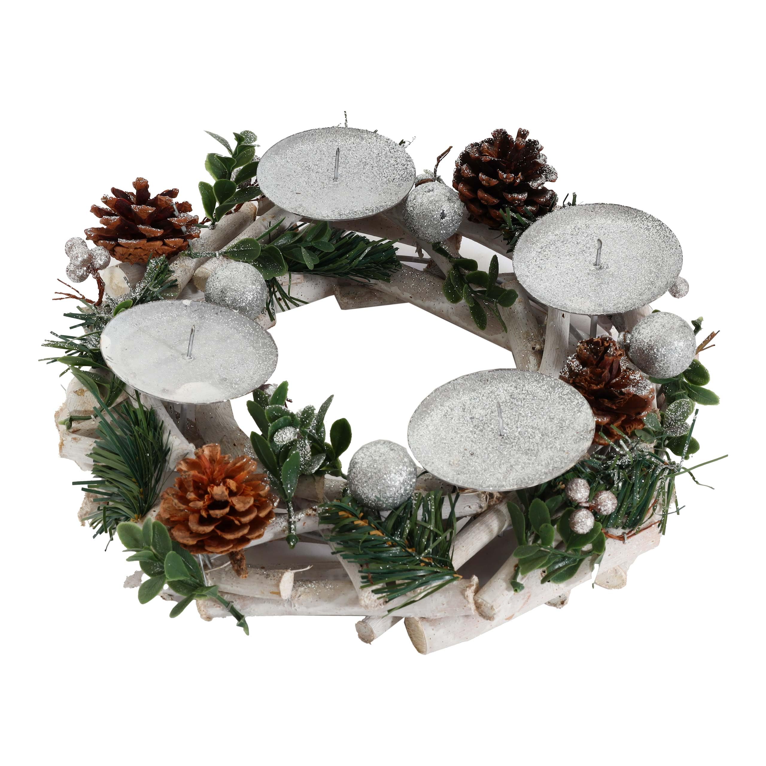 Couronne de l'Avent HWC-M12 Bois argenté Blanc Ø 30cm sans Bougies