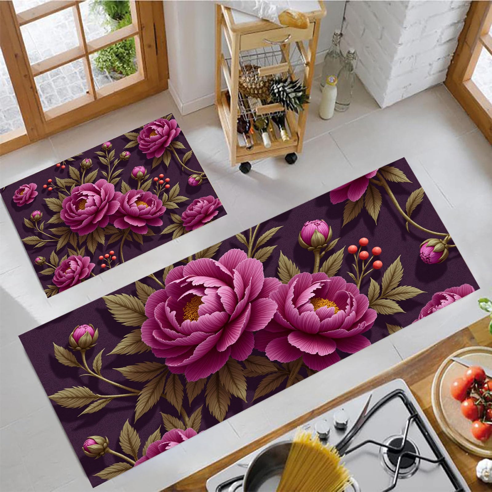Alfombras de cocina de 2 piezas de diseño vintage con peonía ilustrada en morado oscuro