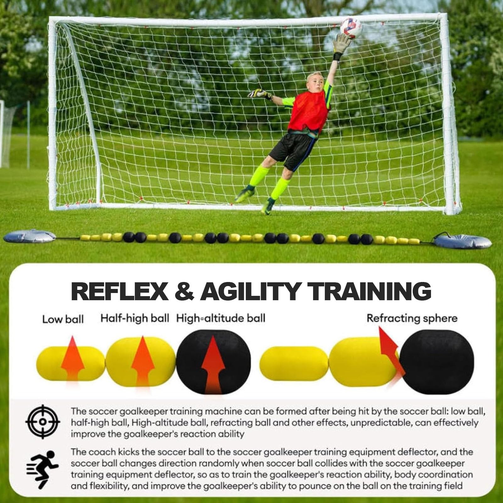 Deflector De Línea Única, Equipo De Entrenamiento para Porteros De Fútbol, ​​2,75 M, Múltiples Ángulos De Refracción Diferentes, con 2 Bolsas De Agua, para Entrenamiento De Reflejos Y Agilidad