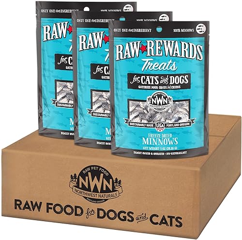 Northwest Naturals Raw Rewards - Golosinas de Minnow liofilizadas para perros y gatos, piezas de tamaño de bocados, saludables, 1 ingrediente,