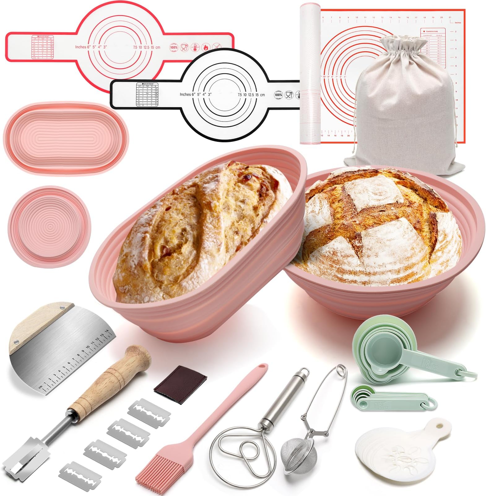 Coldairsoap Silicone Banneton Bread Proofing Baskets, 9 In Round & 10 In Oval Foldable Sourdough Baking Basket, Complete Sourdough Starter Kit for Bread Making with Silicone Baking Mat & Sling