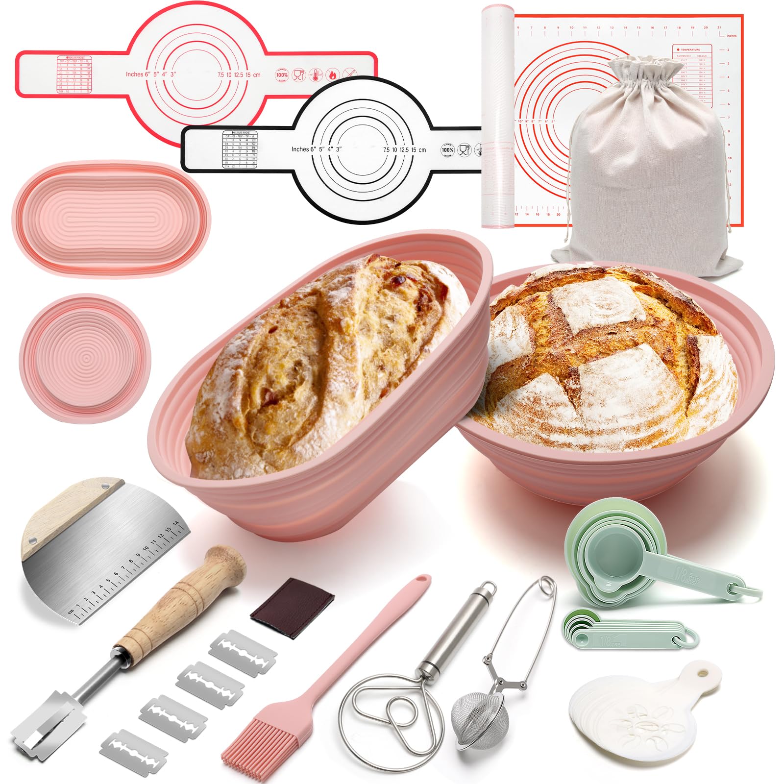 Coldairsoap Silicone Banneton Bread Proofing Baskets, 9 In Round & 10 In Oval Foldable Sourdough Baking Basket, Complete Sourdough Starter Kit for Bread Making with Silicone Baking Mat & Sling