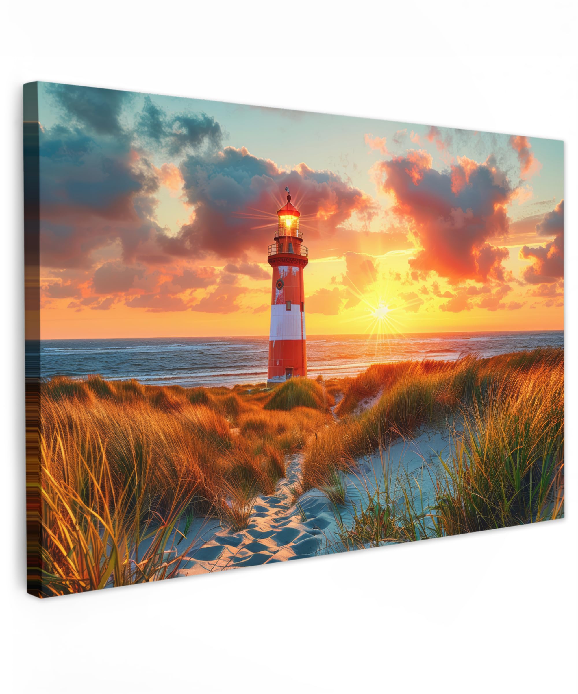 MuchoWow© Bilder Groß 120x80 cm XXL Wohnzimmer Deko Modern Wandbild Foto auf Leinwand Bild Schlafzimmer über Bett Room Decor Geschenke Leuchtturm - Sonnenuntergang - Dünen - Horizont