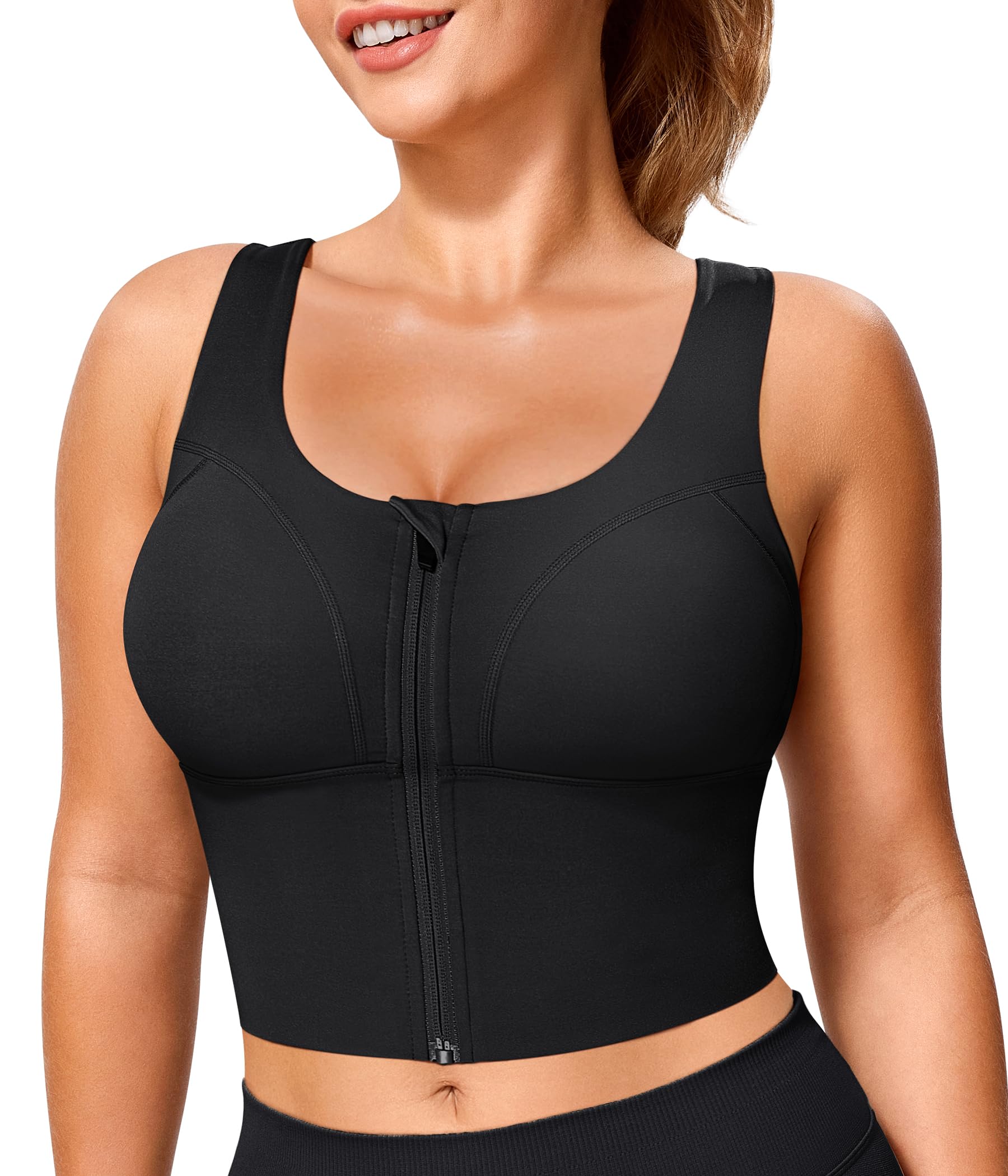 TrainingGirl Zip Front Closure Longline Sports Bras for Women - Workout Crop Tank Tops Yoga Camisole Criss Cross Back