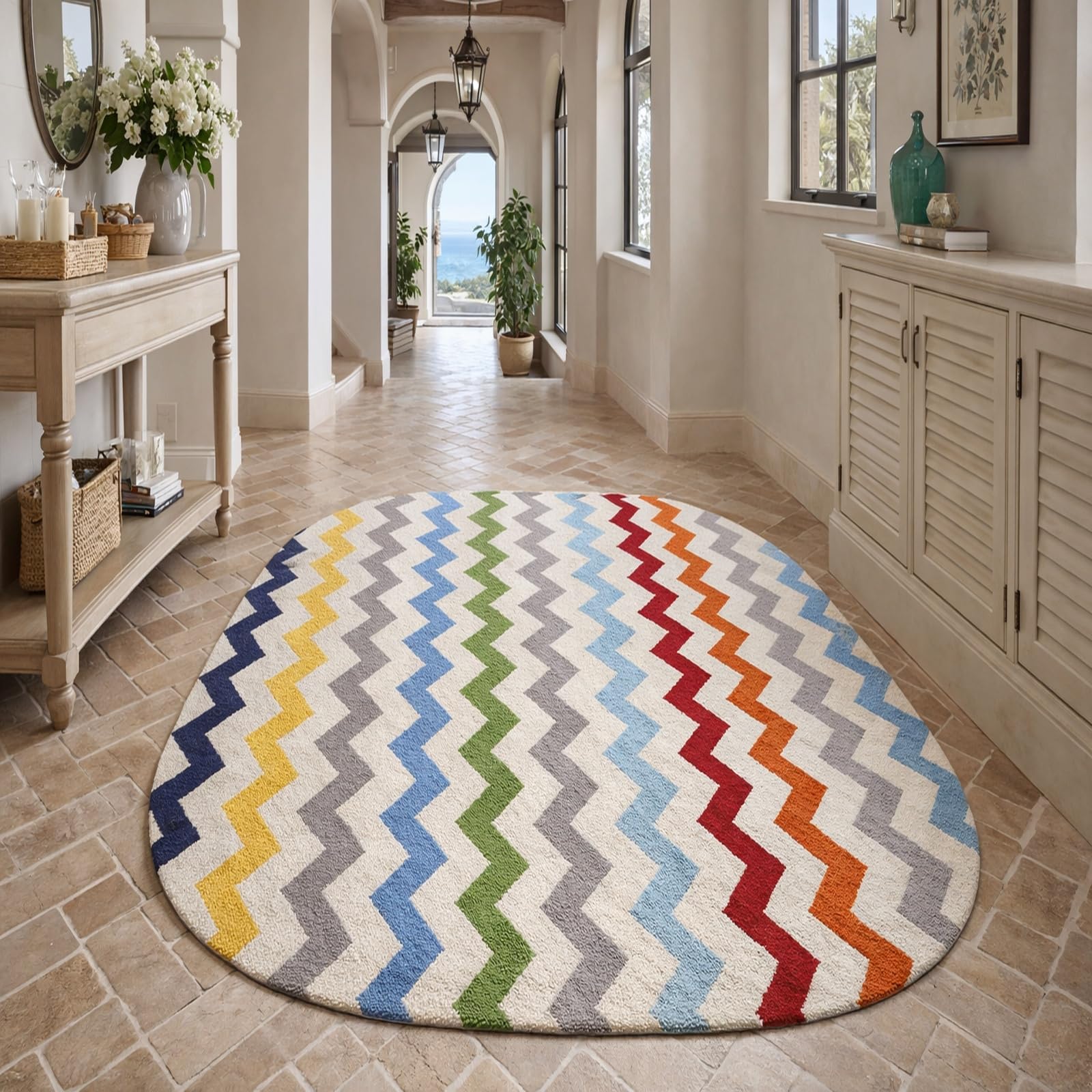 Tapis ovale antidérapant géométrique orange et gris pour protéger le sol sous une coiffeuse