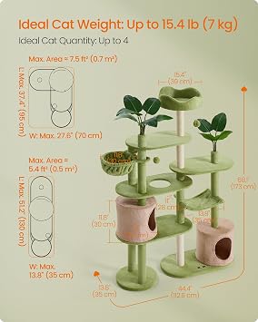 Feandrea Cat Tree, 68.1-Inch Tall Cat Tower, Multi-Level Plush Condo with Artificial Leaves, 3 Scratching Posts, 2 Pompoms with Bells, Grass Green and Camel Brown UPCT330C01