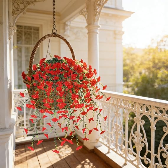 2 Bundles Artificial Hanging Morning Glory Flowers Reusable Realistic Silk Trailing Vines with Fake Eucalyptus Leaves Faux Plants for Yard Garden Porch Patio Balcony Spring Summer Decor (Red)