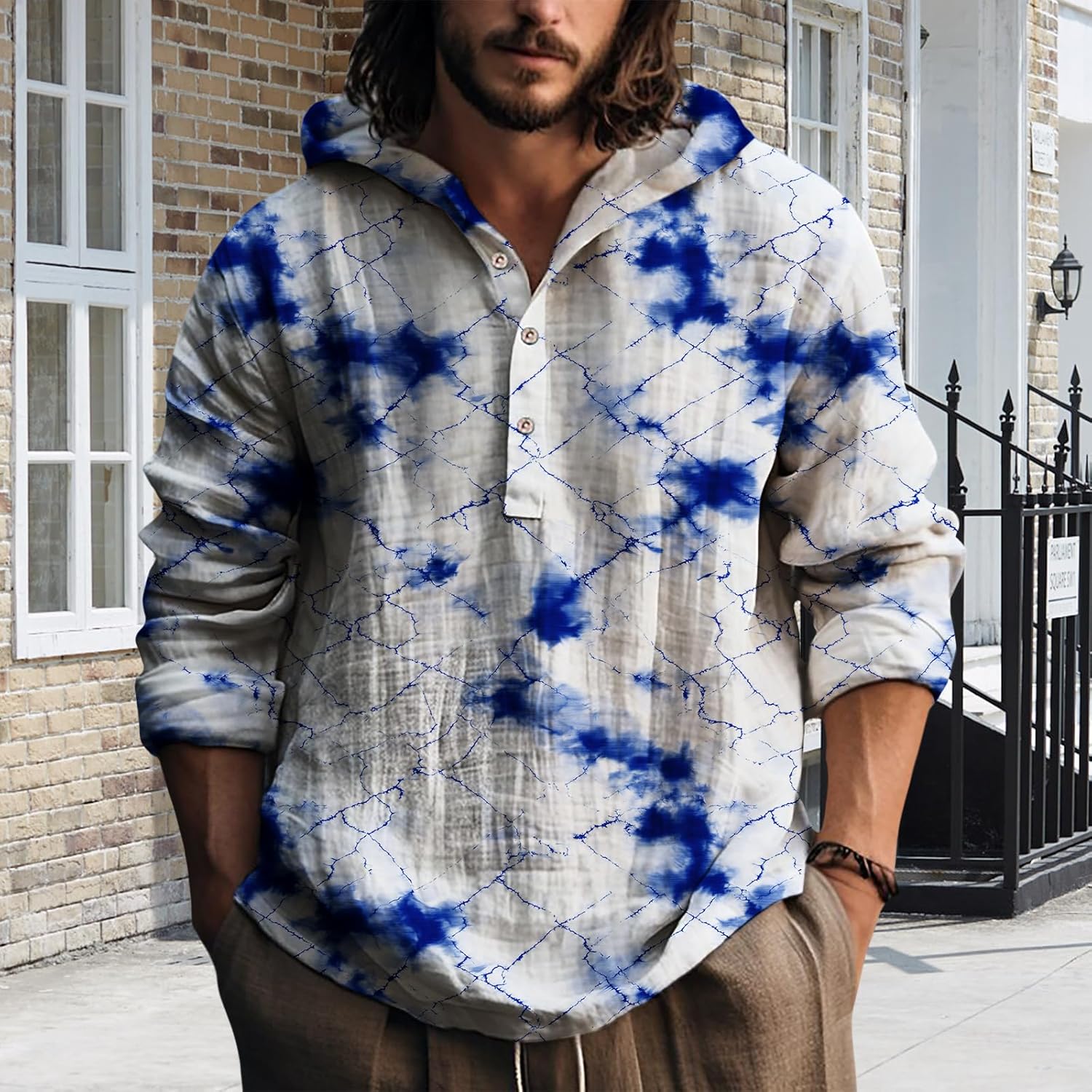 Mens Hooded Tie Dye Button Up Shirt Long Sleeve Casual Pullover Top Relaxed Fit Beach Vacation Streetwear - Image 5