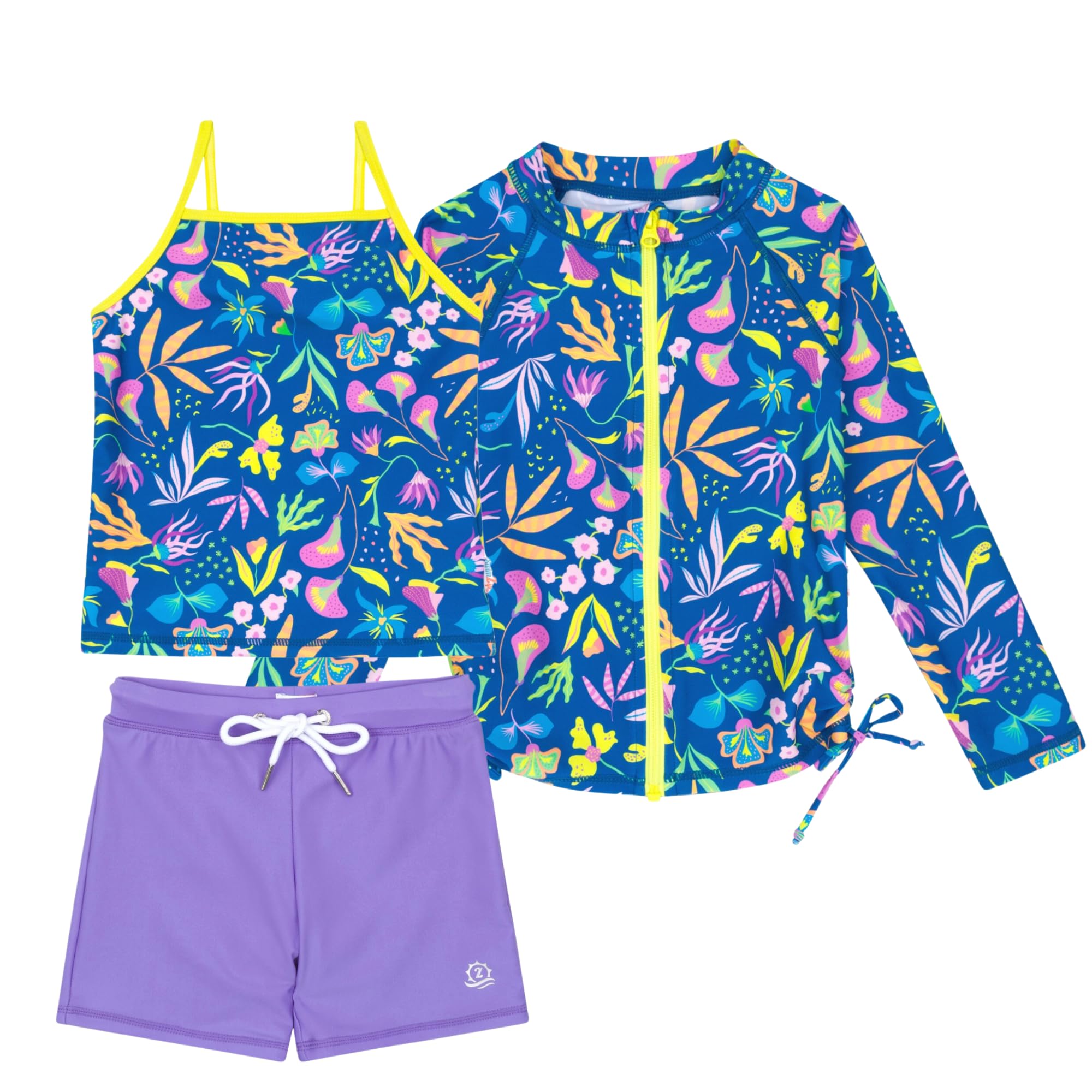 SwimZip Girls' 3 Pc Swim Set w/Long Sleeve Rash Guard, Tankini & Shorts UPF 50+