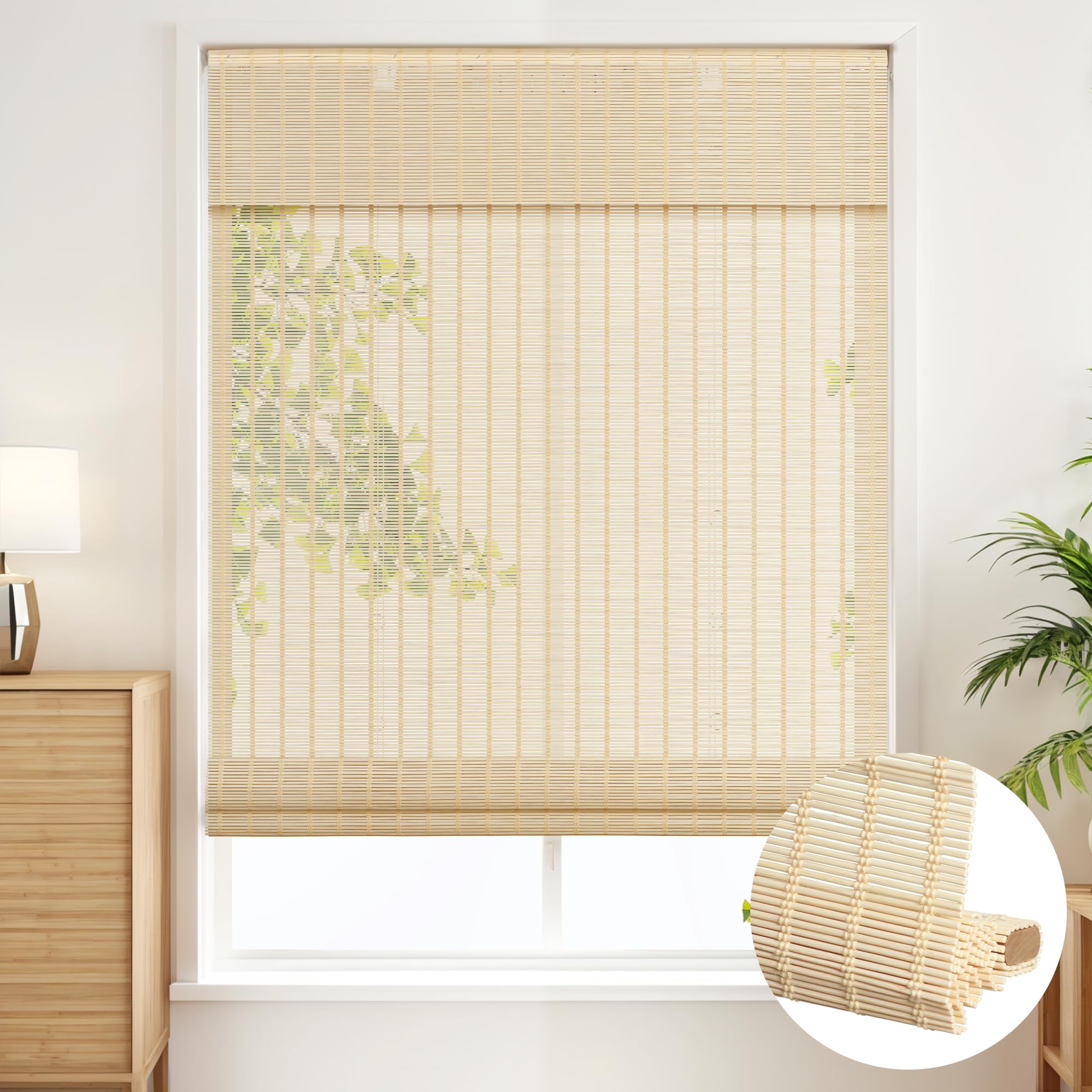SEEYE Cordless Bamboo Roman Shades - Natural Bamboo Blinds for Indoor Windows, Roll Up Blind Light Filtering Bamboo Shade for Home, Doors, UV Resistant & Easy to Install, 34" W x 64" H, Natural