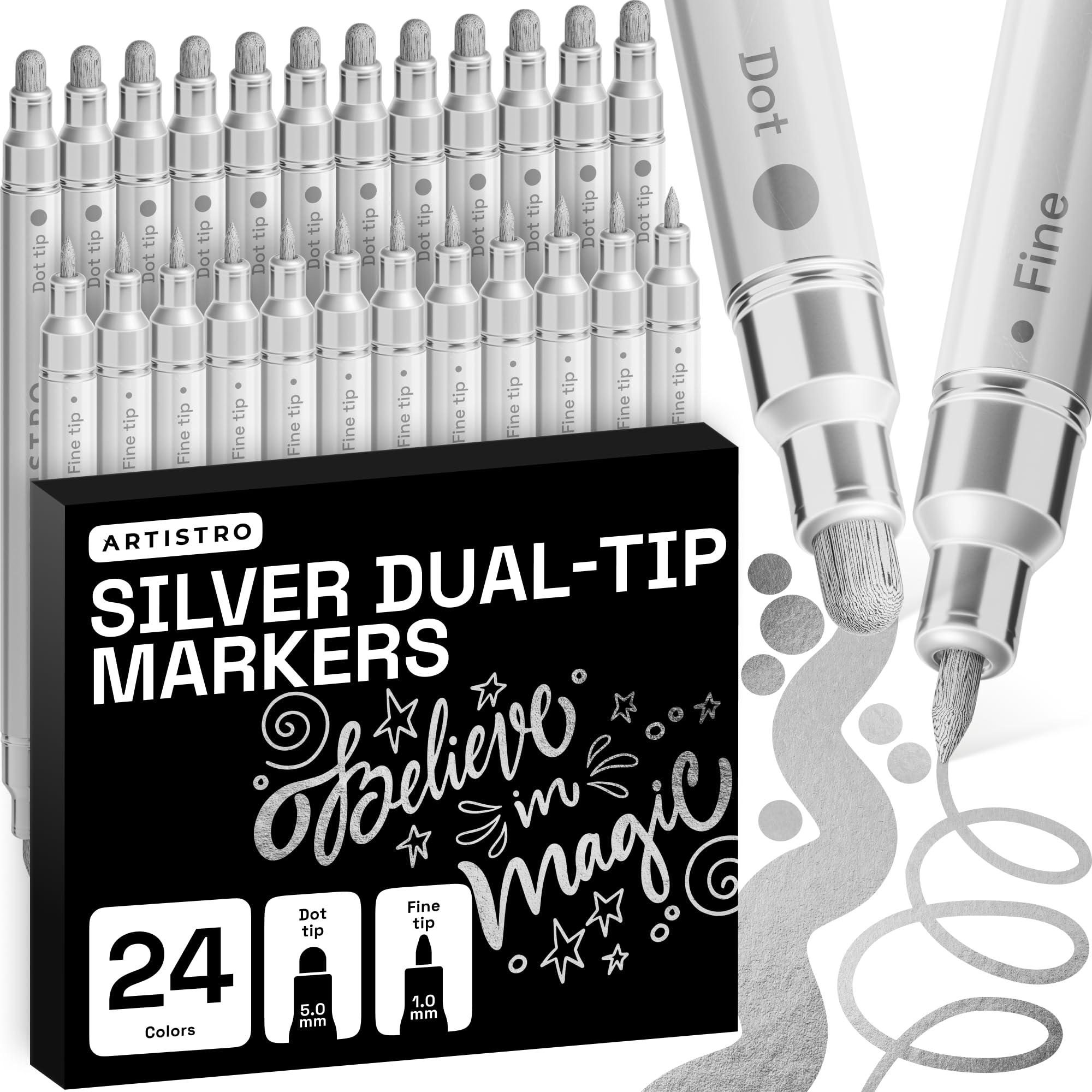 ARTISTRO 24 Silver Dual-Tip Acrylic Paint Marker Pens