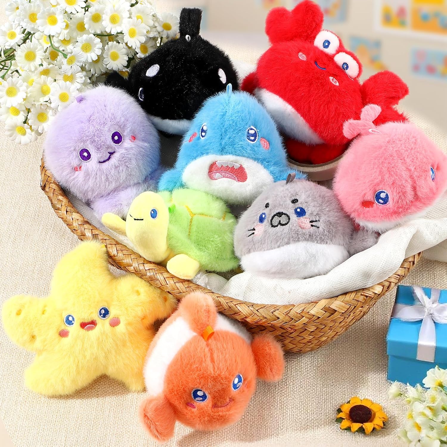 Golray 9Pcs Plush Ocean Stuffed Animals Keychain Under the Sea Party Favor Kids Bulk Toys Cute Fish Shark/Seal/Octopus Goodie Bag Stocking Stuffers Carnival Prize Boy Girl Christmas Birthday Gift