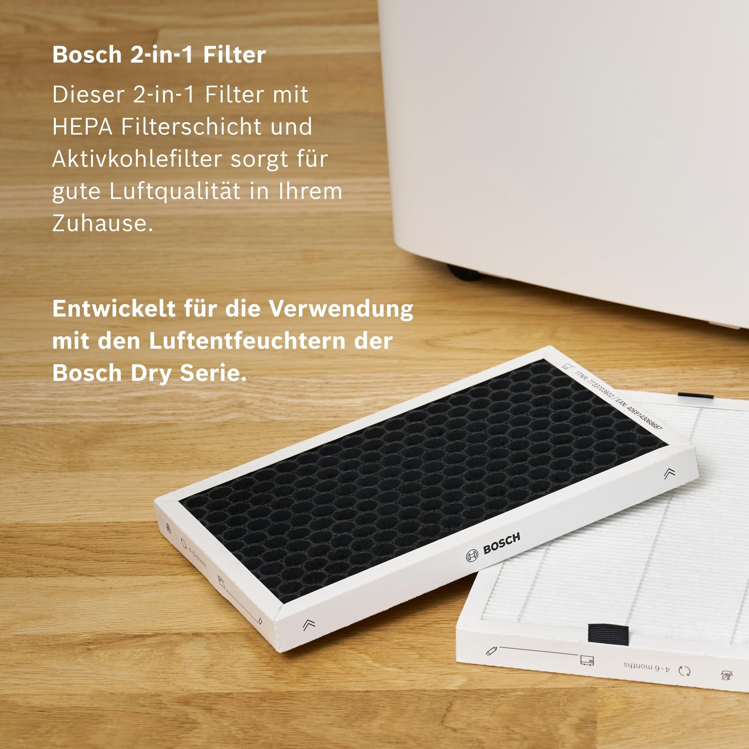 Bosch Dry 2000 Luftentfeuchter + Ersatzfilter für Luftentfeuchter der Dry Serie Bundle - Mit 2er-Pack Filter, 3 Modi und 2,5-Liter-Wassertank - Für Räume Bis Zu 24 m²