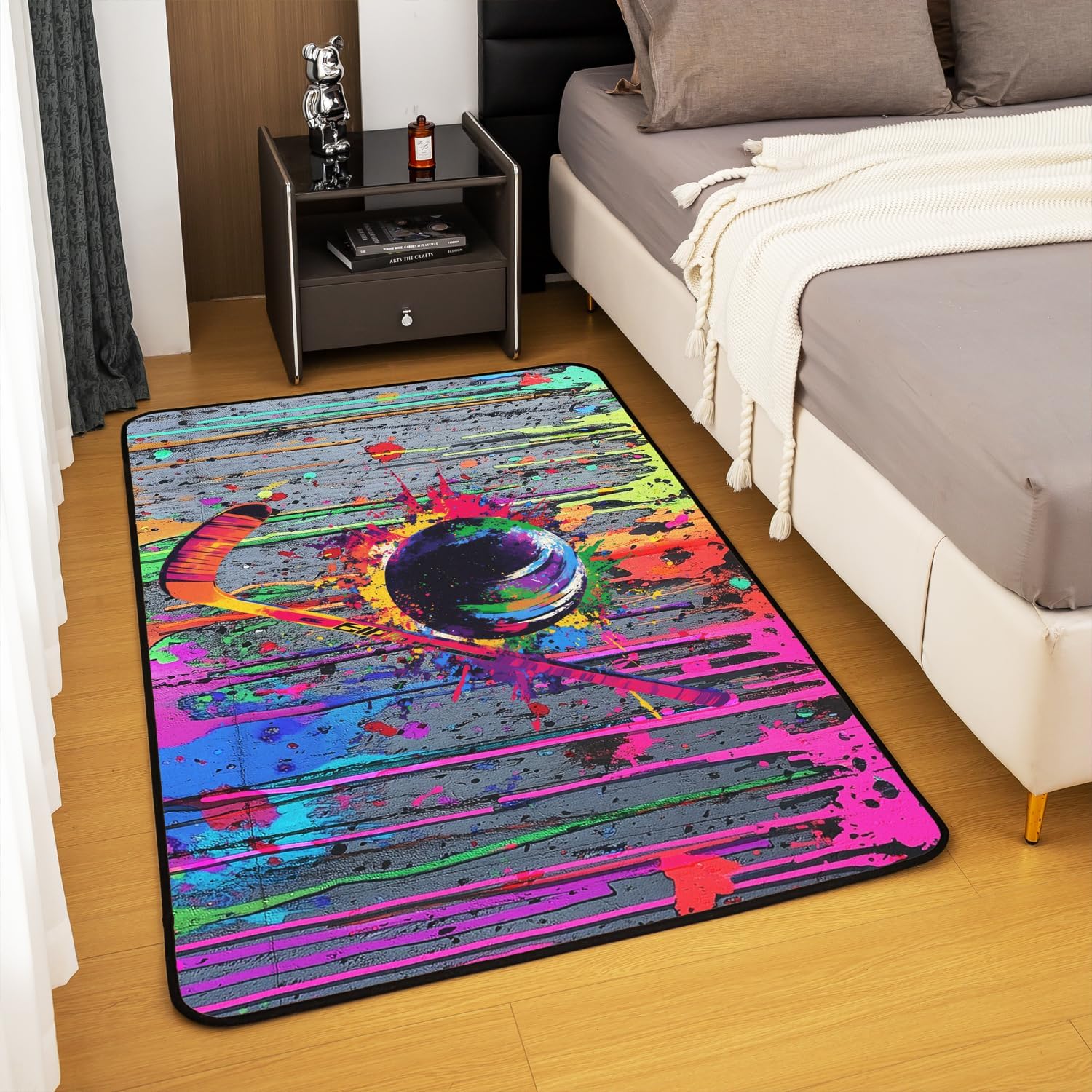 jejeloiu Ice Hockey Area Rug 3x5 for Bedroom Golf Living Room Rugs Soft Non-Slip Color Graffiti Hip Hop Style Decor Carpet Sports Themed Indoor Floor Mat for Home, Dining Room