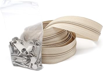 Zipperstop Wholesale - YKK Zippers by Yard, #4.5 Coil Zippers Chain with Pulls Made in USA 4-Yards of Zipper Tape and 30 pulls, Beige with Aluminum pulls