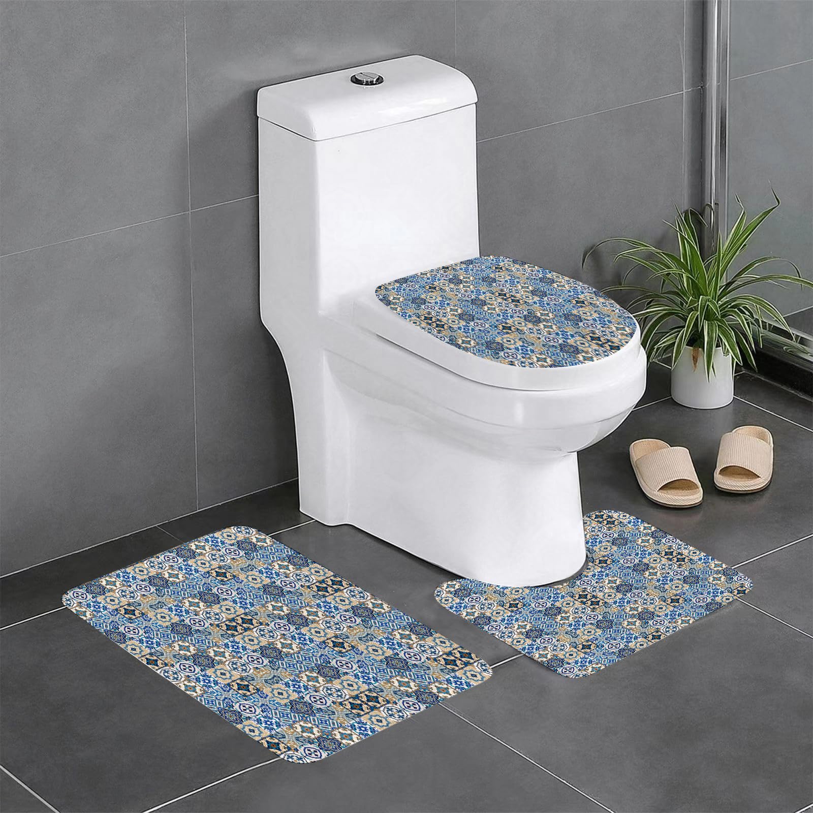 Set di 3 tappetini da Bagno, Lavabili in Lavatrice e Antiscivolo, in Morbida Fibra Superfine, con Motivi Tradizionali portoghesi di azulejo.