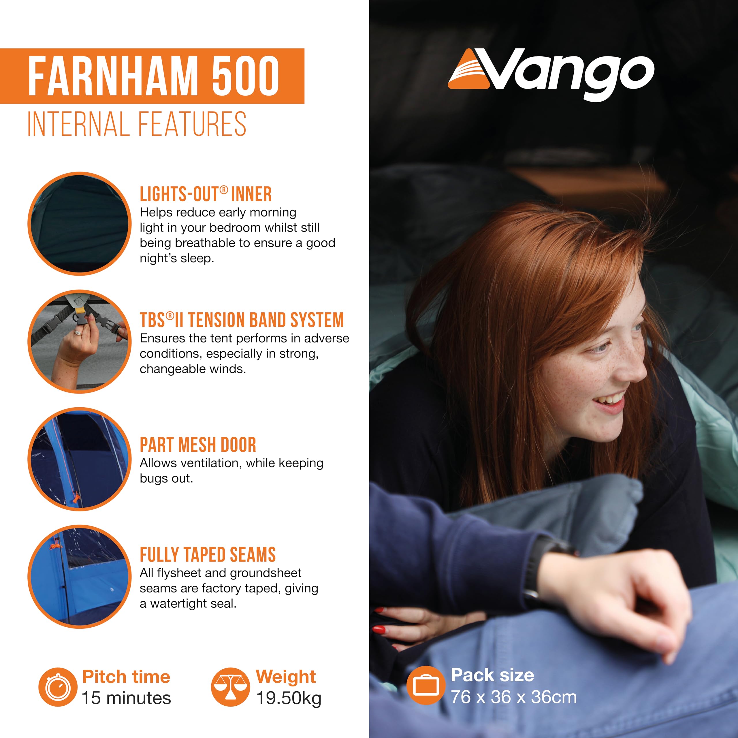 Vango Farnham 500 namiot tunelowy, ekskluzywny dla 5 osób, rodzinny namiot kempingowy z dołączoną werandą słoneczną i wszytą podkładką dla 5 osób, niebieski