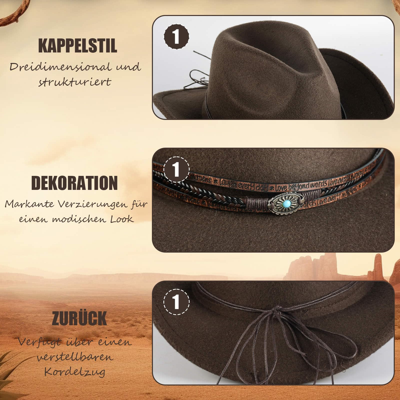 Zweiteiliges Set aus Cowboyhut und Kopftuch für Damen und Herren, Vintage-Cowboy-Accessoires, Outdoor-Hut mit breiter Krempe, ideal für Partys, braun
