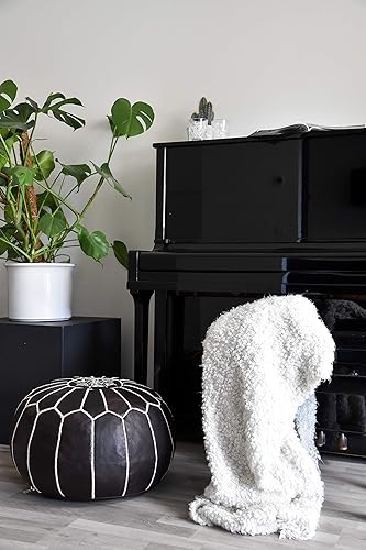 Miniatura 4 de Puf de cuero marroquí de alta calidad, hecho a mano, relleno entregado, otomano, reposapiés, cojín de suelo (marrón oscuro)