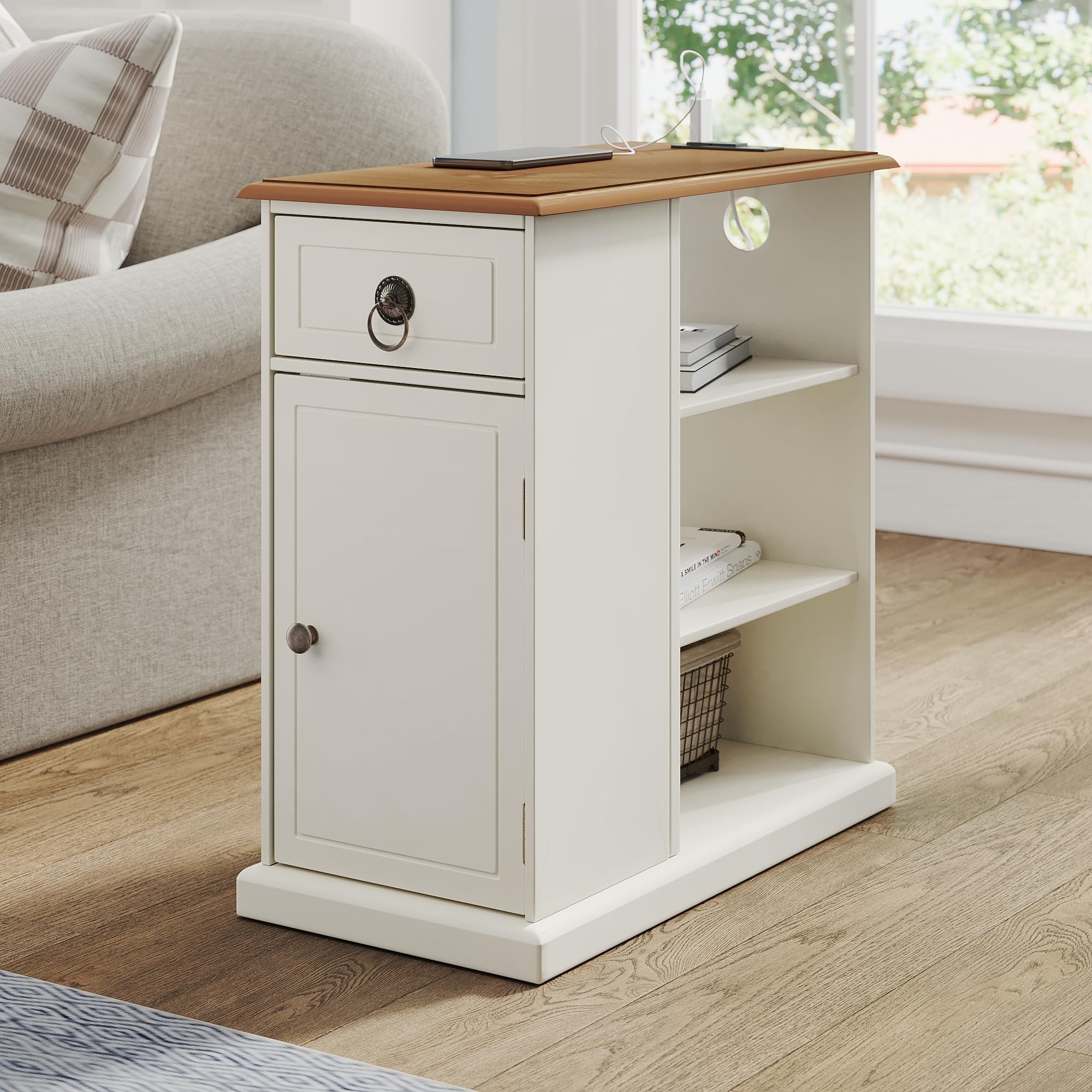 ChooChoo Farmhouse XXL End Table with Charging Station,Narrow Sofa Side Table with Adjustale Shelf, 3 Tier Rustic Night Stand for Small Place Living Room, White