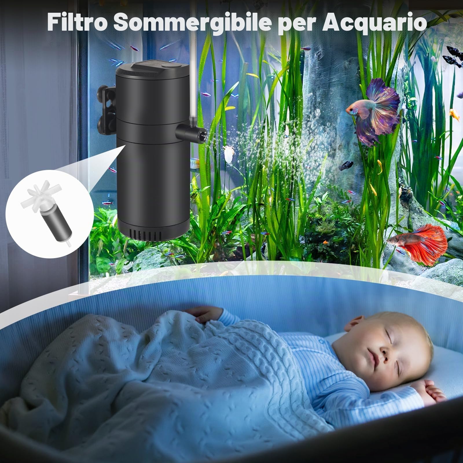 Filtro interno per acquario con flusso da 8 W 500 L/H per acqua pulita, flusso d'aria regolabile, basso rumore, onde e silenzioso