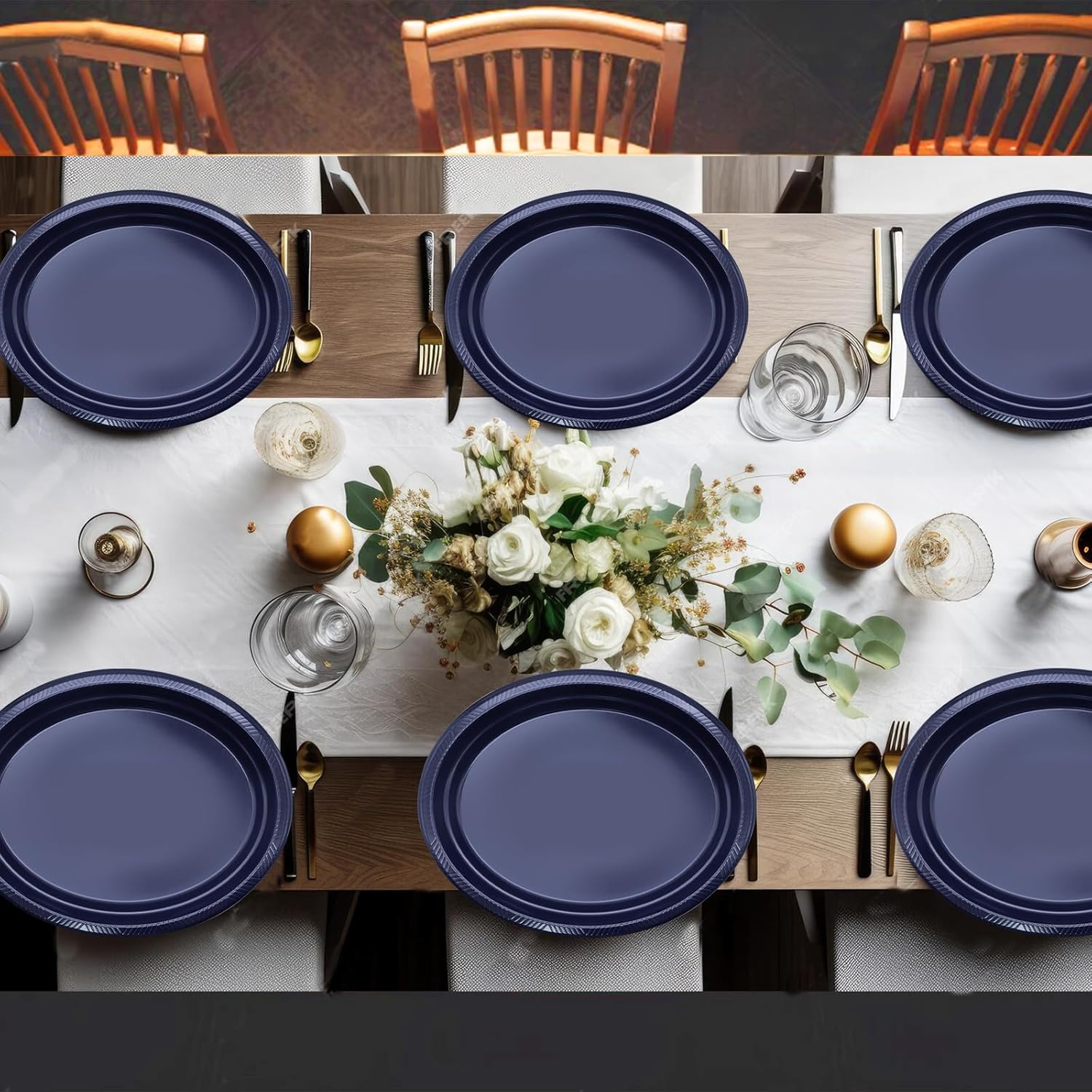 50 Count Blue Plastic Plates - Oval Navy Blue Plates for Birthday Picnic Easter Graduation Party Patriotic Day(10" x 12")