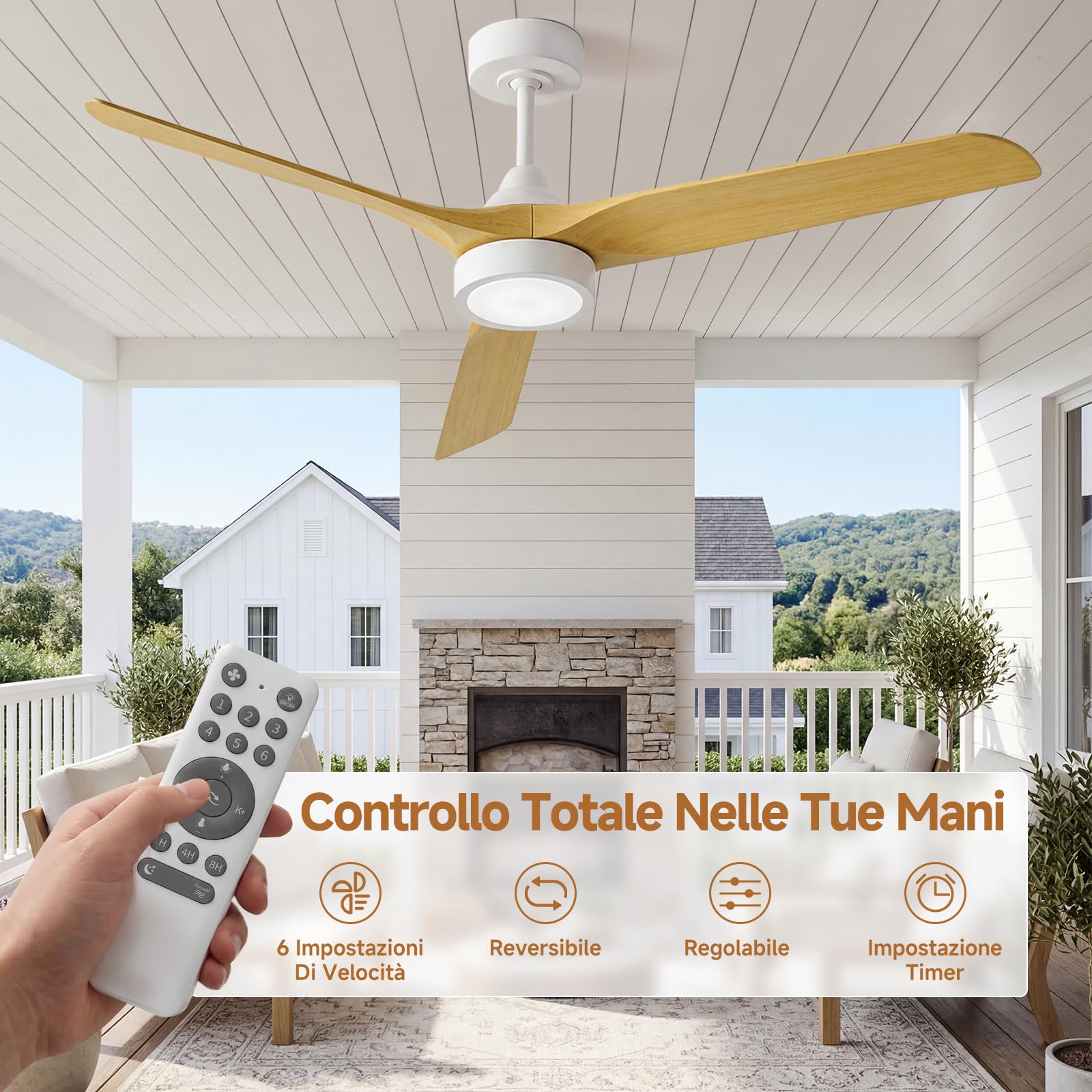 Ateroll Ventilatore da Soffitto Ø132cm Luci e Telecomando Silenzioso 3 Pale in ABS, Motore DC Plafoniera Led Dimmerabile 6 Velocità Timer Ventilatore Soffitto Moderno per Letto/Soggiorno/Studio/Patio