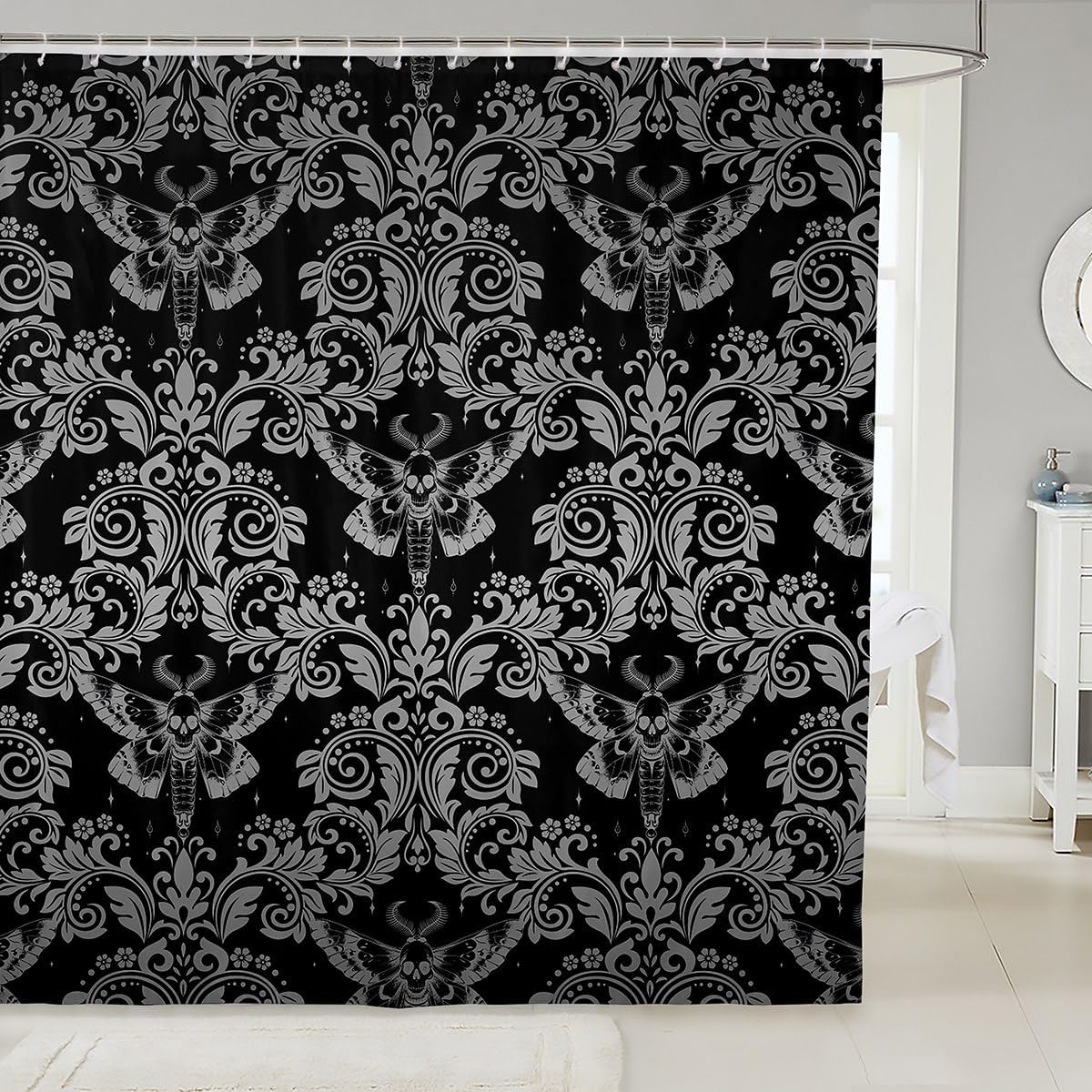 Feelyou Adults White Black Vintage Damask Floral Shower Curtain Oriental Antique Bathroom Shower Curtain Set 72"x78" Gothic Bohemia Boho Flower Bath Curtain Gothic Skull Bathroom Accessories