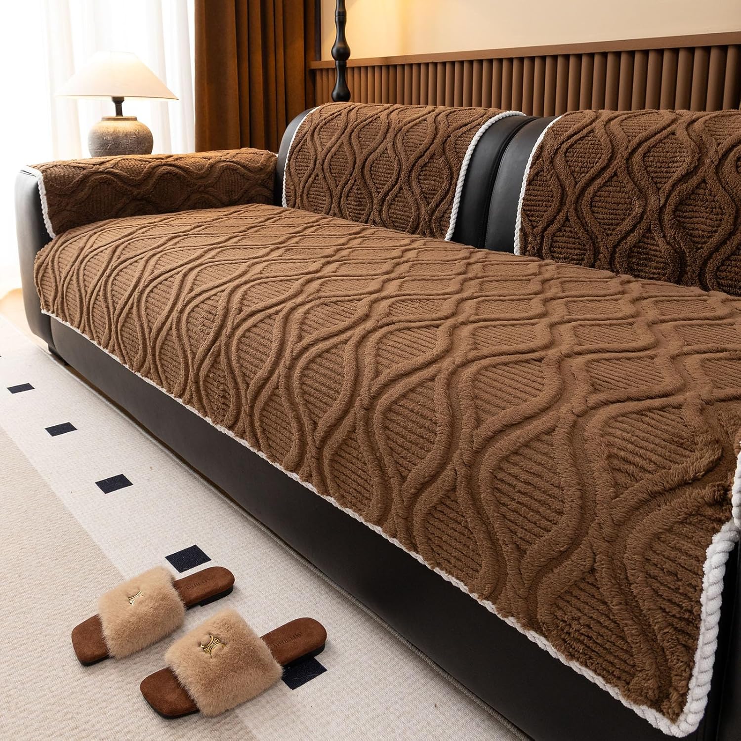 vctops Set of 2 Couch Armrest Cover Backrest Covers, Anti Slip Soft Fuzzy Sofa Covers, Washable Jacquard Furniture Protector Sofa Slipcover for Dogs Cats Pet (Coffee,28"x35")