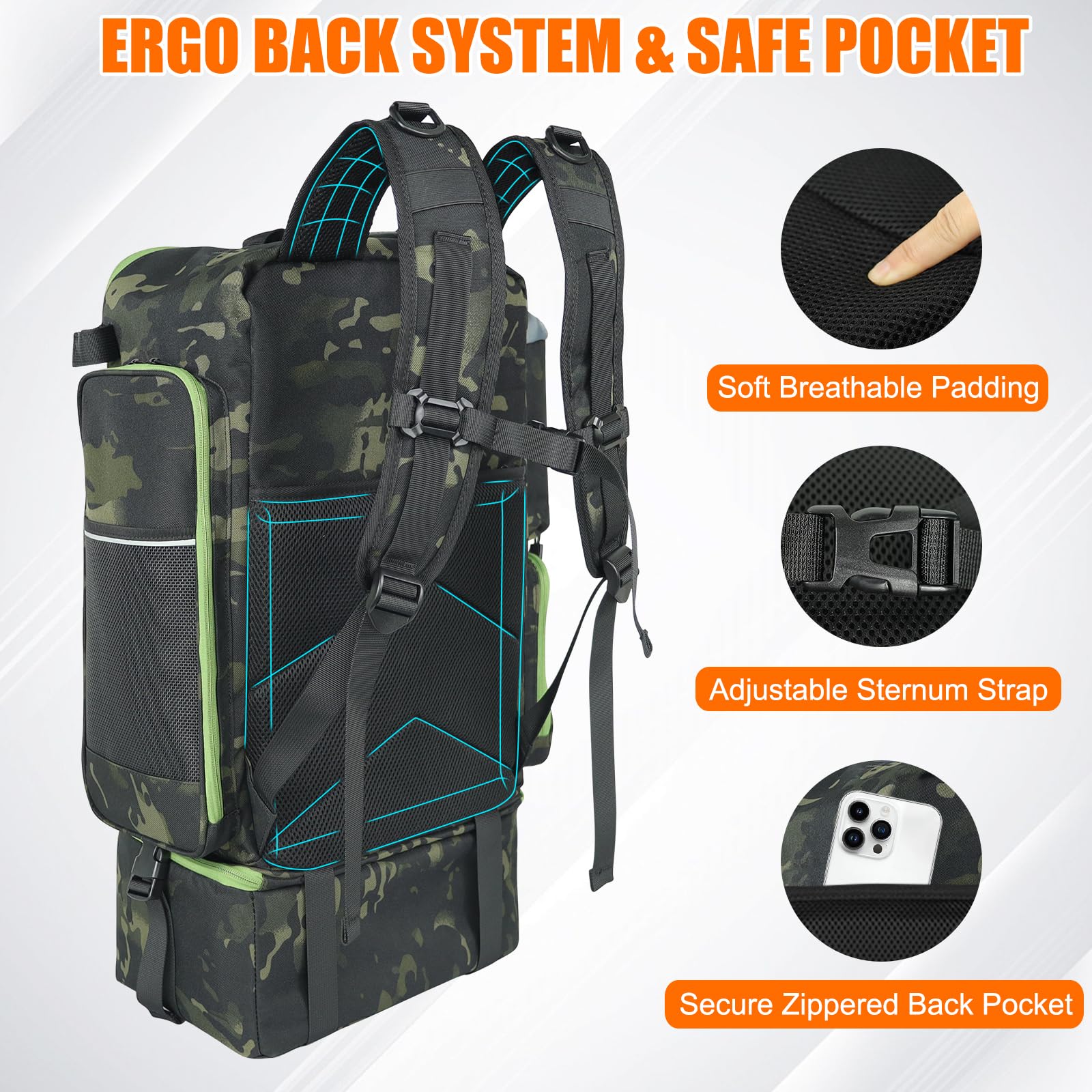 ayamaya Angelrucksack mit Kühler, 45 l Tackle-Rucksack mit Rutenhaltern und isolierter Lunchtasche, große Outdoor-Angeltasche für 4 Angelboxen und Ausrüstung