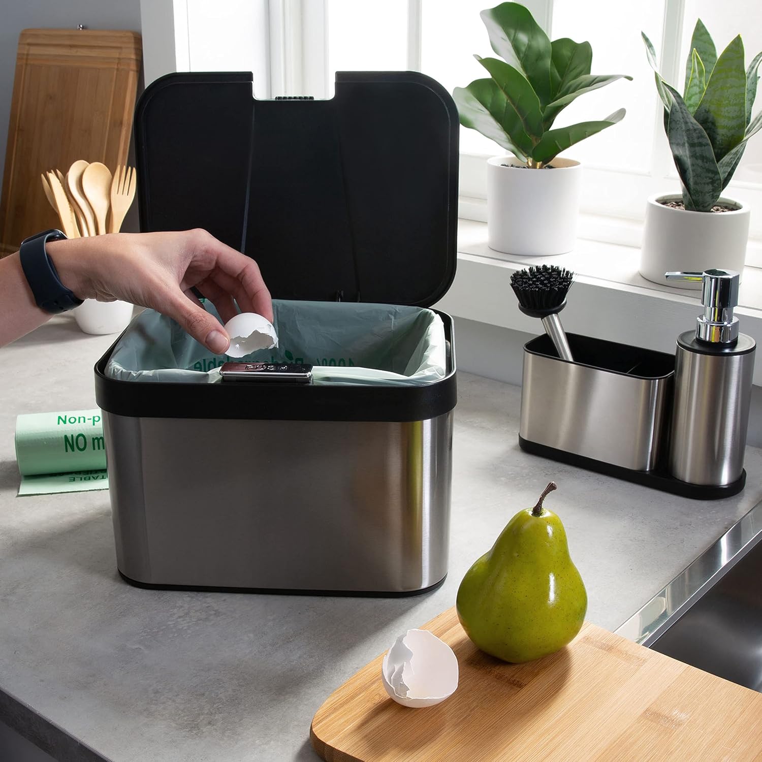 Organize It All Stainless Steel Kitchen Compost Bin Set with Biodegradable Bags, Sink Organizer & Scrub Brush